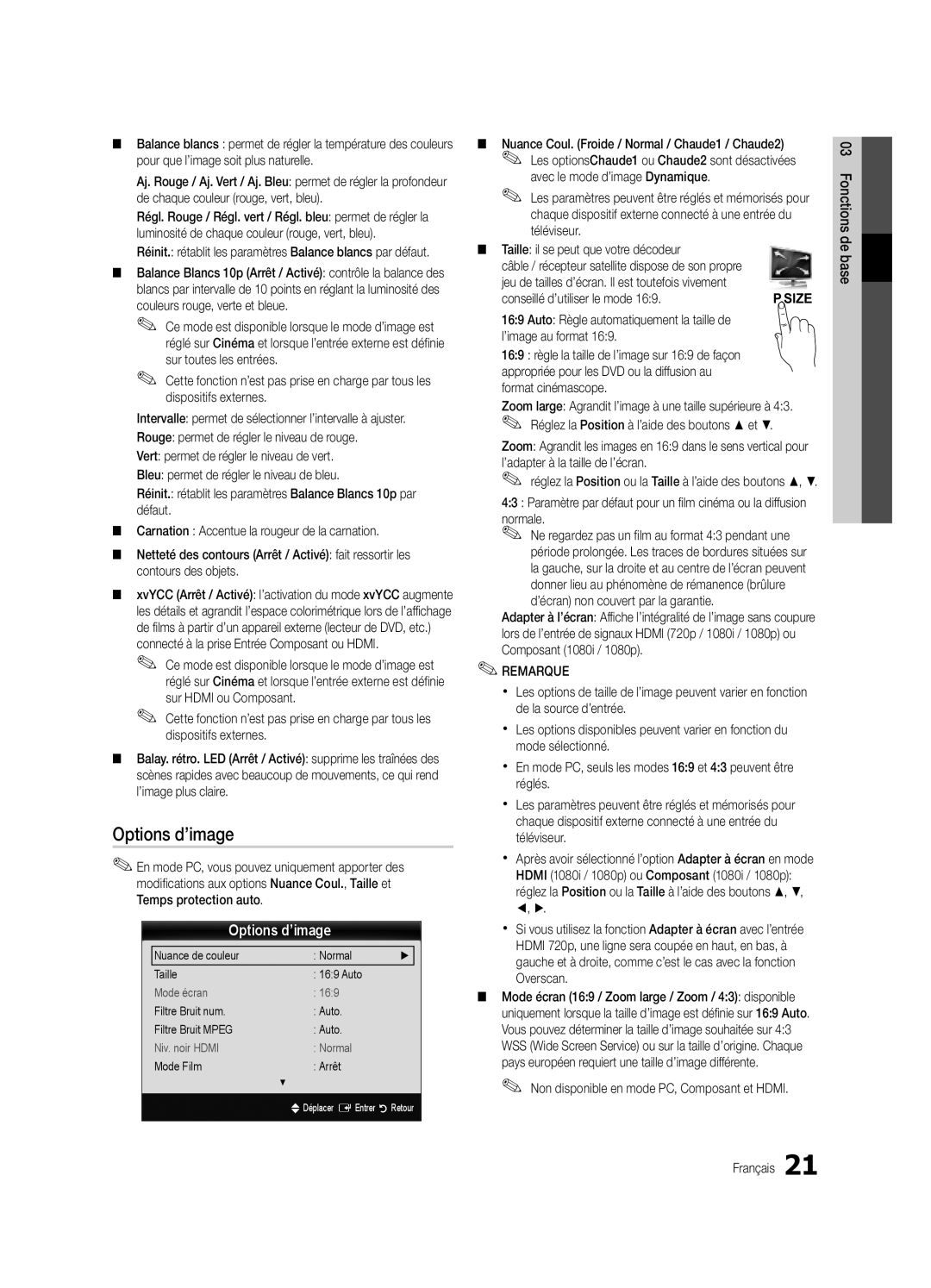 Samsung UE46C9000ZWXXN manual Options d’image, Conseillé d’utiliser le mode, Non disponible en mode PC, Composant et Hdmi 