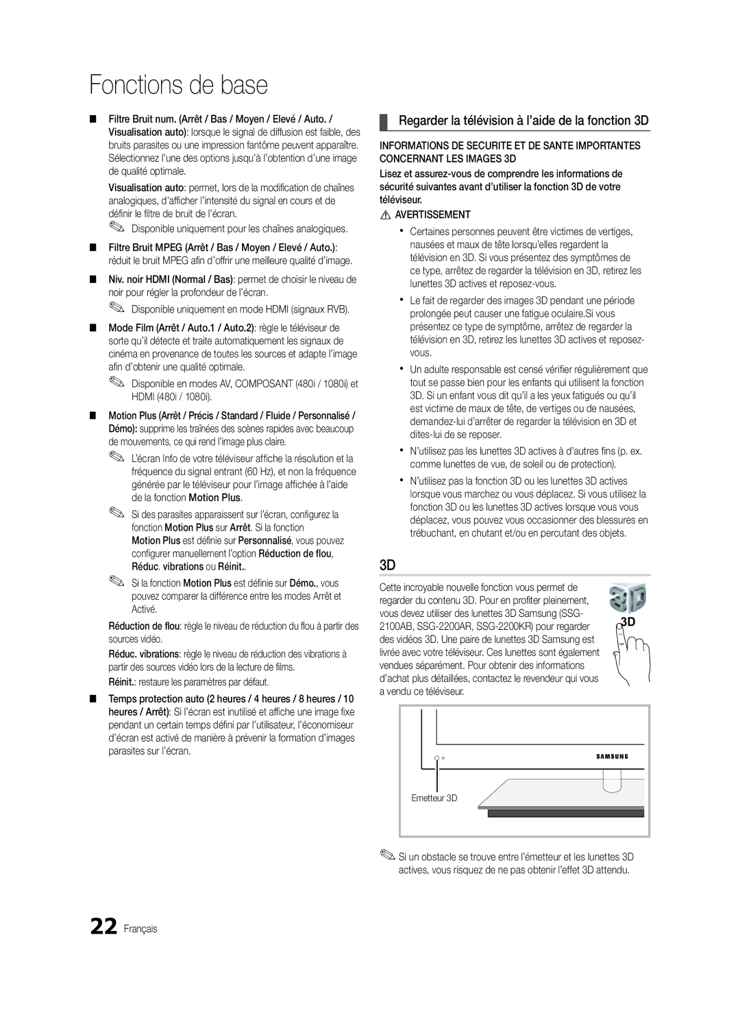 Samsung UE55C9000SWXXN manual Regarder la télévision à l’aide de la fonction 3D, Réinit. restaure les paramètres par défaut 