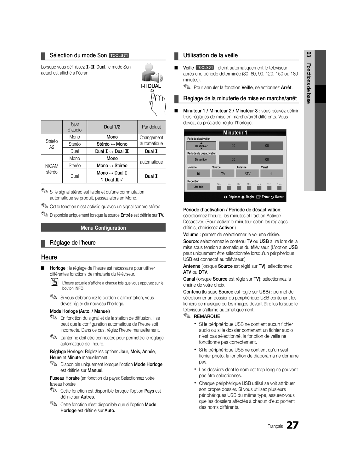 Samsung UE55C9000SWXZF, UE55C9000ZWXXC manual Heure, Sélection du mode Son t, Réglage de l’heure, Utilisation de la veille 