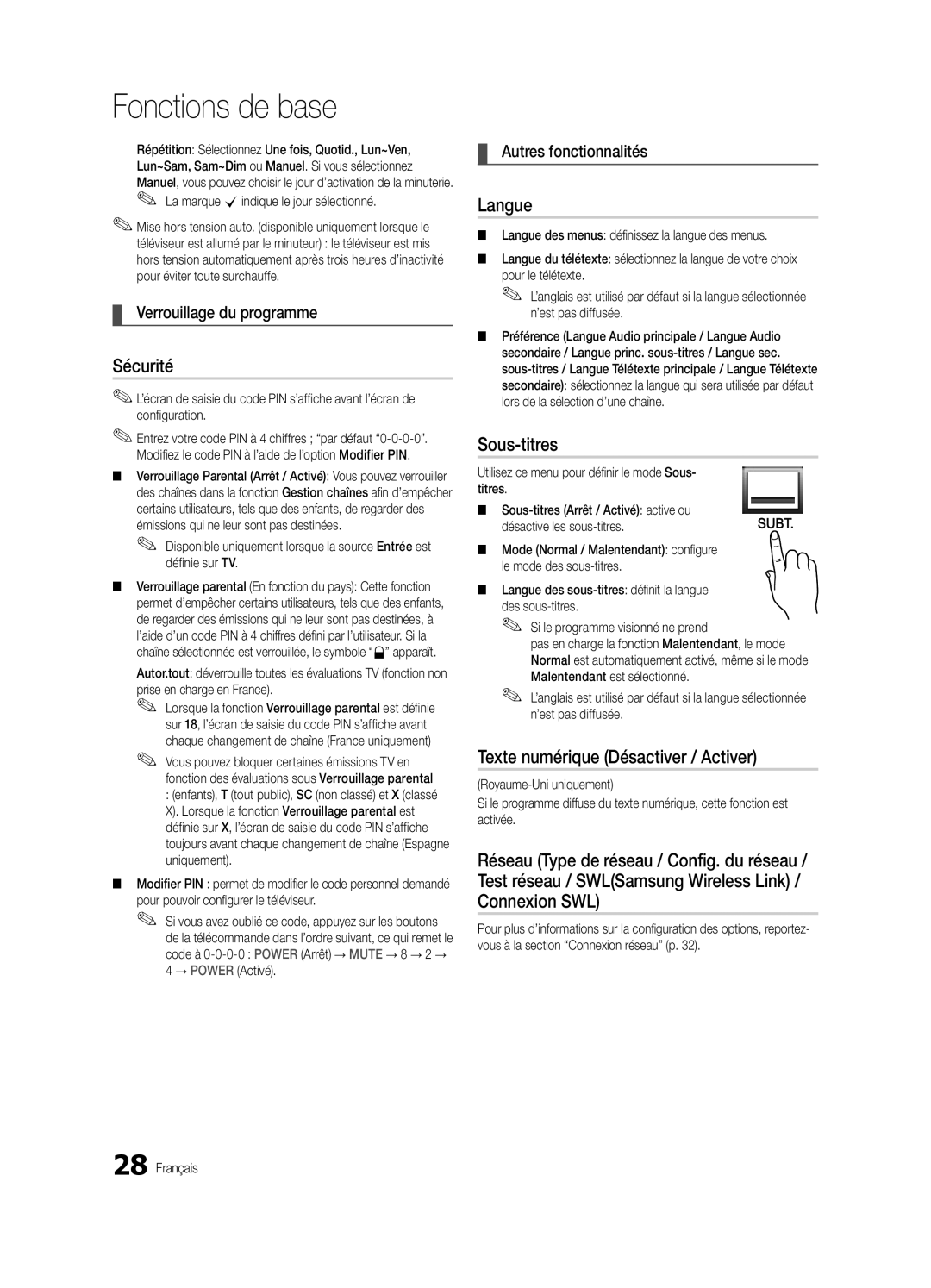 Samsung UE46C9000SWXZF Sécurité, Langue, Sous-titres, Texte numérique Désactiver / Activer, Verrouillage du programme 