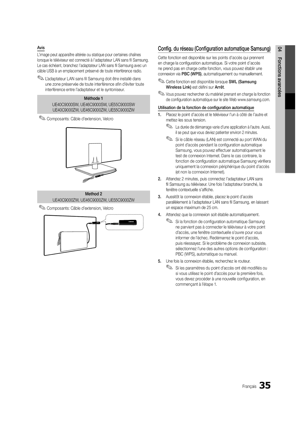 Samsung UE40C9000SWXXH, UE55C9000ZWXXC Avis, Méthode, Composants Câble d’extension, Velcro Method, Mettez-les sous tension 