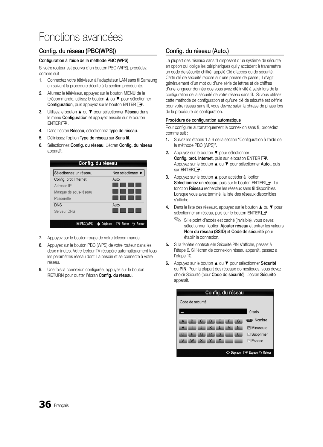 Samsung UE46C9000SWXXN, UE55C9000ZWXXC manual Config. du réseau Pbcwps, Code de sécurité Sais ~9 Nombre Minuscule, Espace 