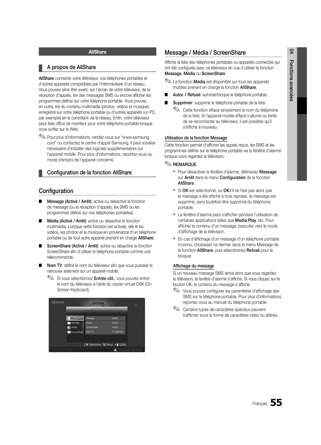 Samsung UE46C9000SWXXN manual Message / Média / ScreenShare, Propos de AllShare, Configuration de la fonction AllShare 