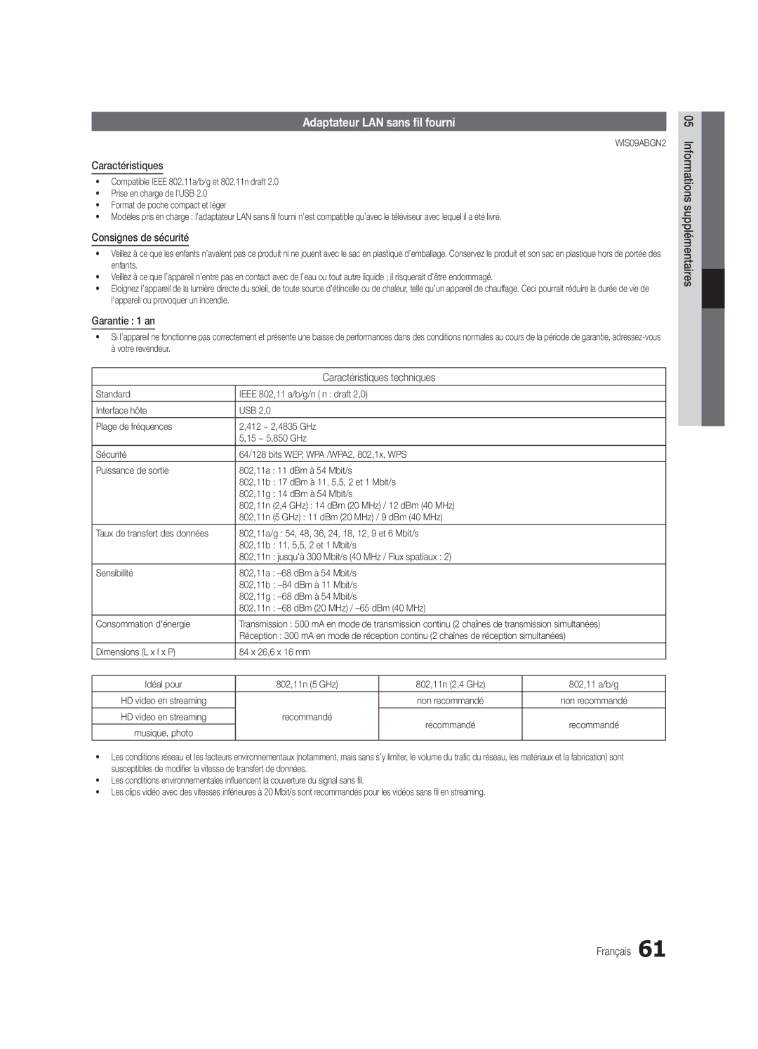 Samsung UE46C9000SWXXH manual Adaptateur LAN sans fil fourni, Caractéristiques, Consignes de sécurité, Garantie 1 an 