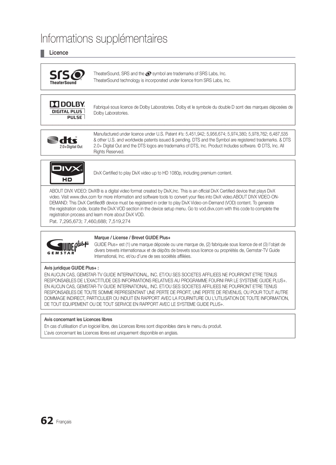 Samsung UE55C9000SWXXH manual Symbol are trademarks of SRS Labs, Inc, Avis juridique Guide Plus+, TheaterSound, SRS 