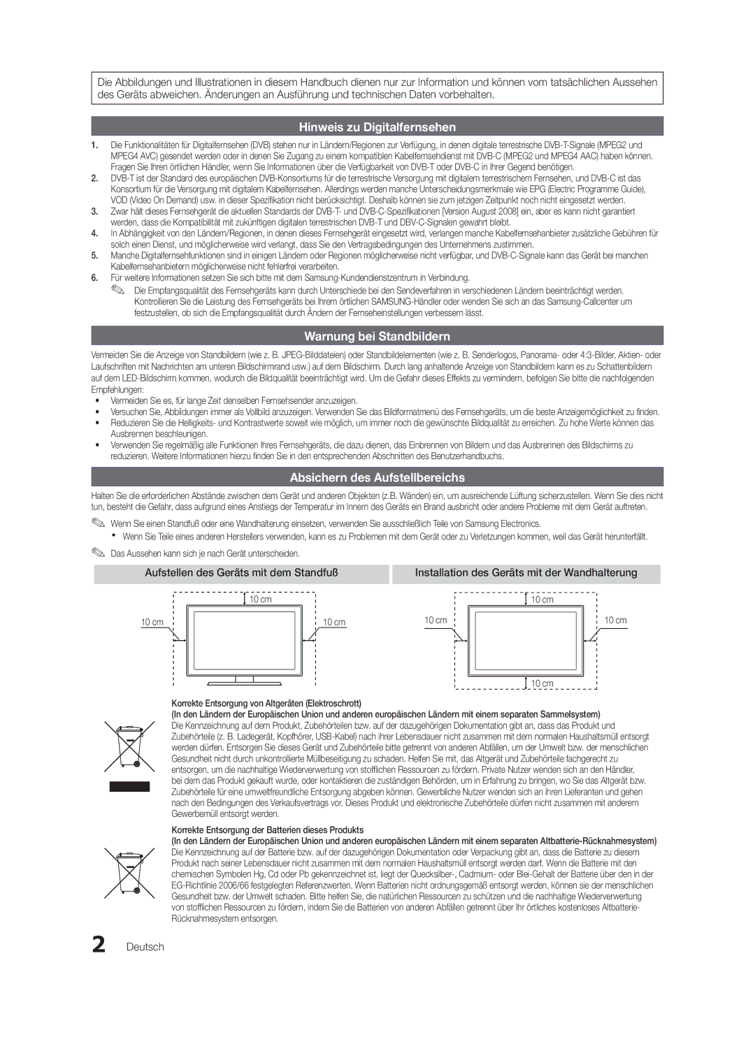 Samsung UE40C9000SWXZG, UE55C9000ZWXXC Absichern des Aufstellbereichs, Aufstellen des Geräts mit dem Standfuß, Deutsch 