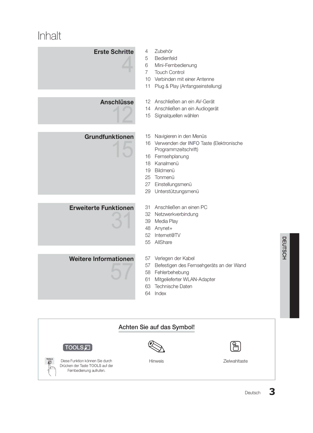 Samsung UE46C9000SWXZG, UE55C9000ZWXXC, UE46C9000ZWXXN manual Inhalt, Achten Sie auf das Symbol, Hinweis, Zielwahltaste 