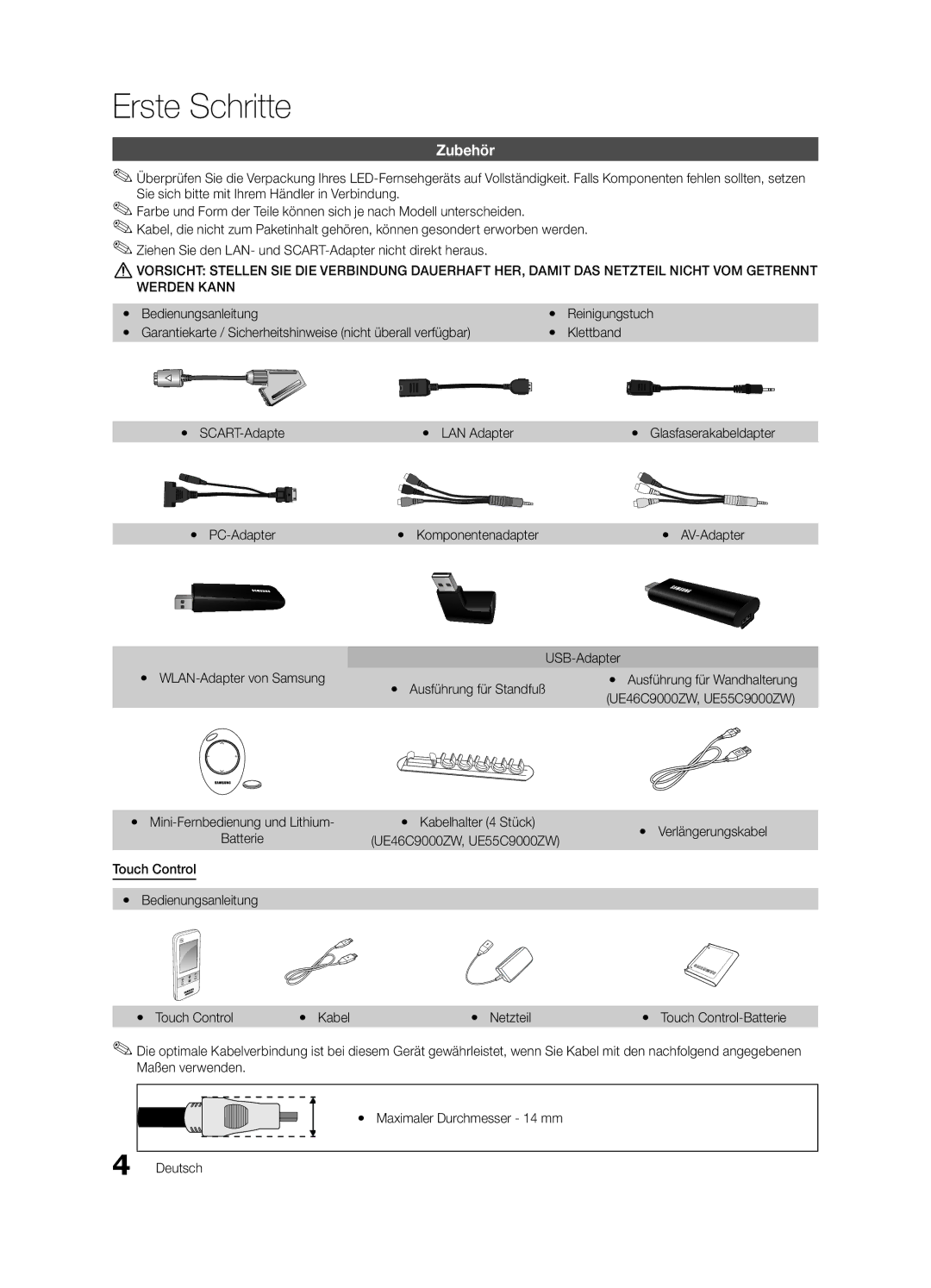 Samsung UE55C9000SWXZG, UE55C9000ZWXXC, UE46C9000ZWXXN, UE55C9000SWXXN, UE55C9000ZWXXN, UE55C9000ZWXTK Erste Schritte, Zubehör 