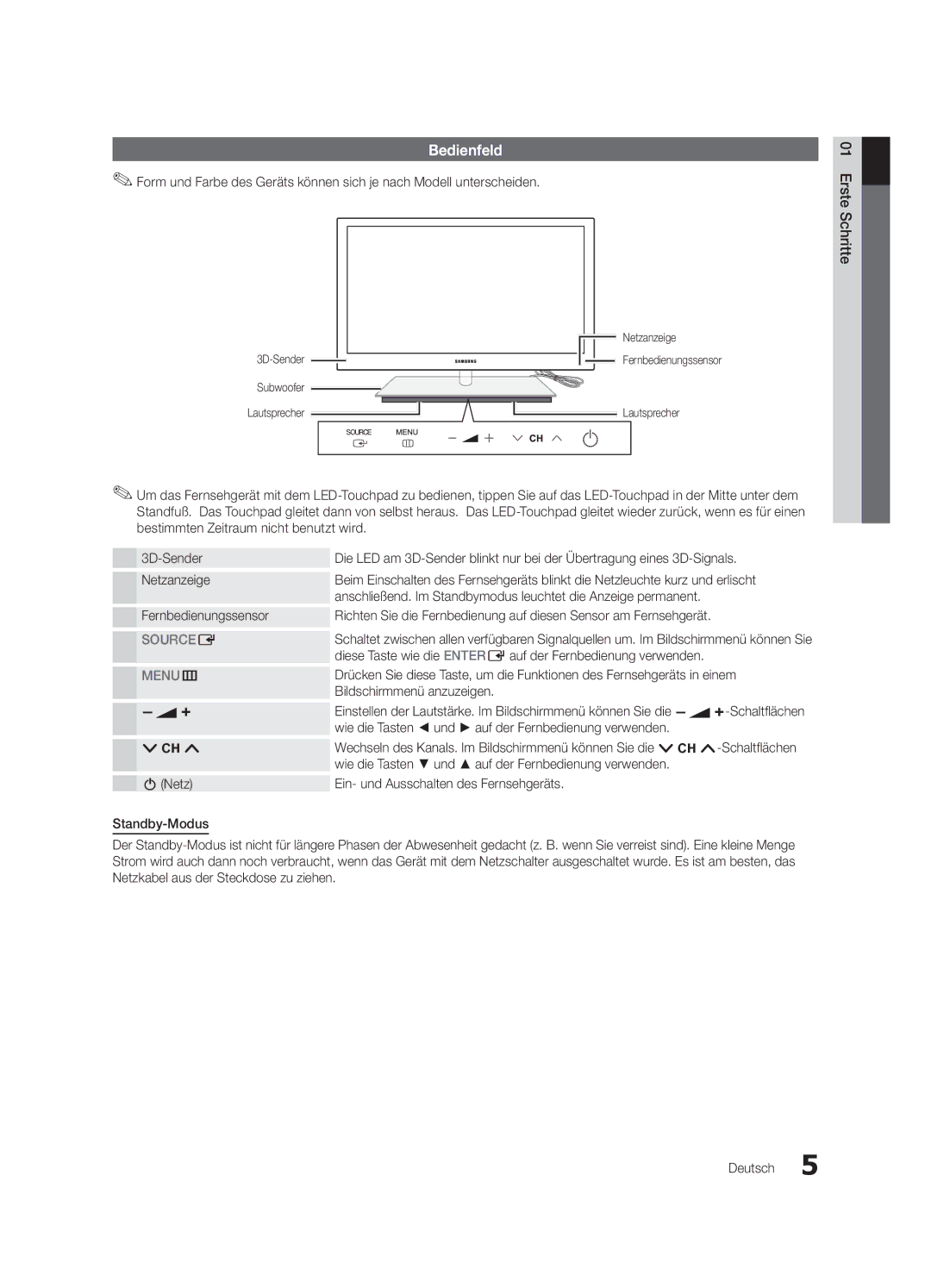 Samsung UE55C9000ZWXXC Bedienfeld, Diese Taste wie die Enter Eauf der Fernbedienung verwenden, Bildschirmmenü anzuzeigen 