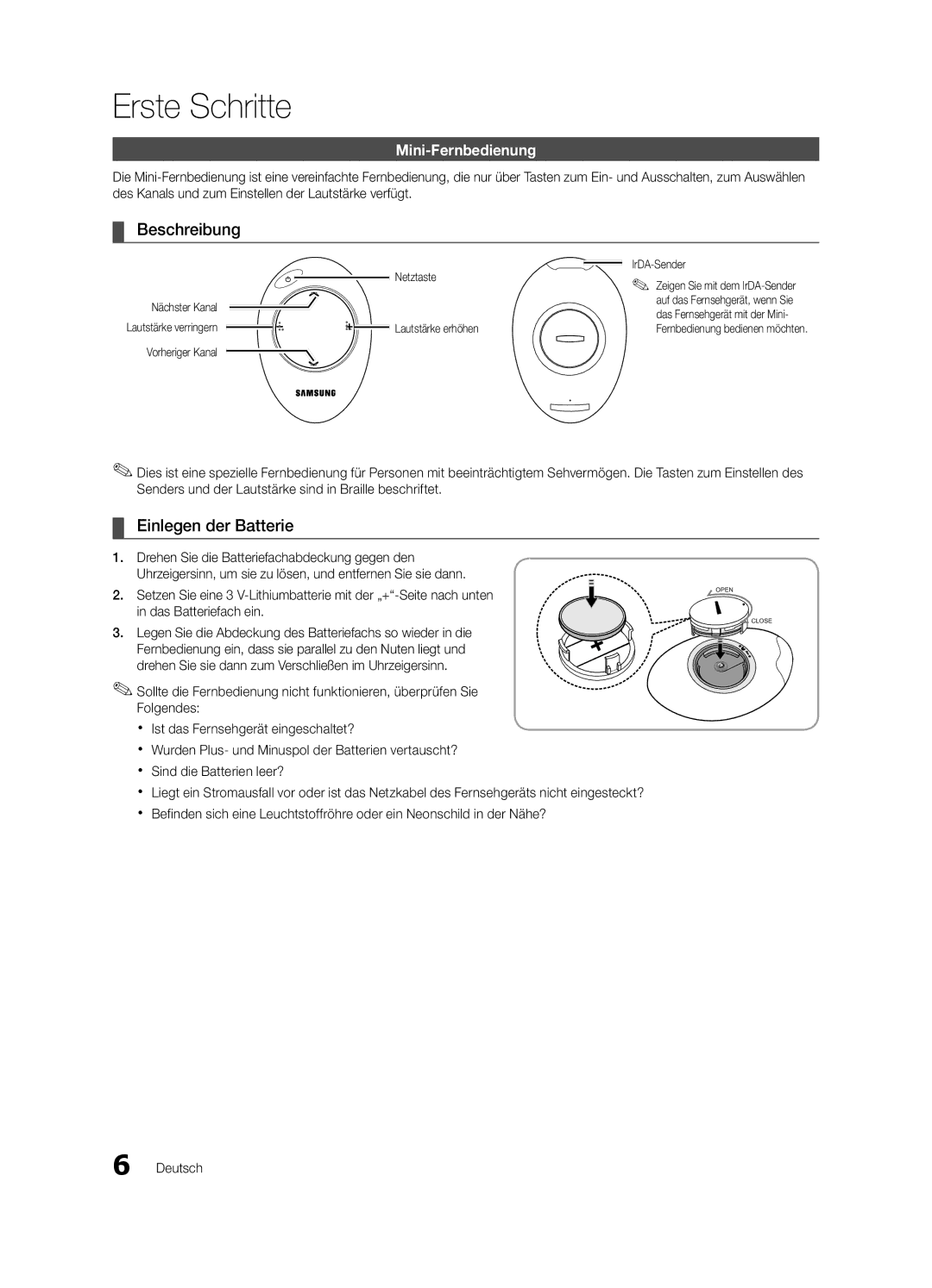 Samsung UE46C9000ZWXXN, UE55C9000ZWXXC, UE55C9000SWXXN manual Beschreibung, Einlegen der Batterie, Mini-Fernbedienung 