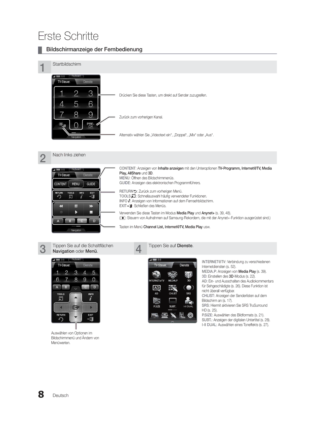 Samsung UE55C9000ZWXXN, UE55C9000ZWXXC manual Bildschirmanzeige der Fernbedienung, Startbildschirm, Nach links ziehen 