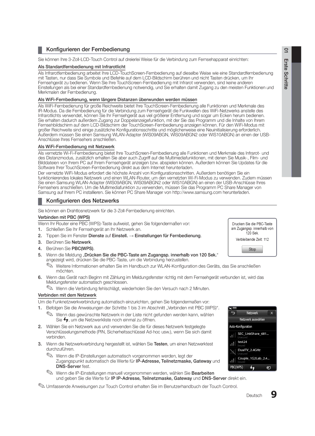 Samsung UE55C9000ZWXTK, UE55C9000ZWXXC, UE46C9000ZWXXN manual Konfigurieren der Fernbedienung, Konfigurieren des Netzwerks 