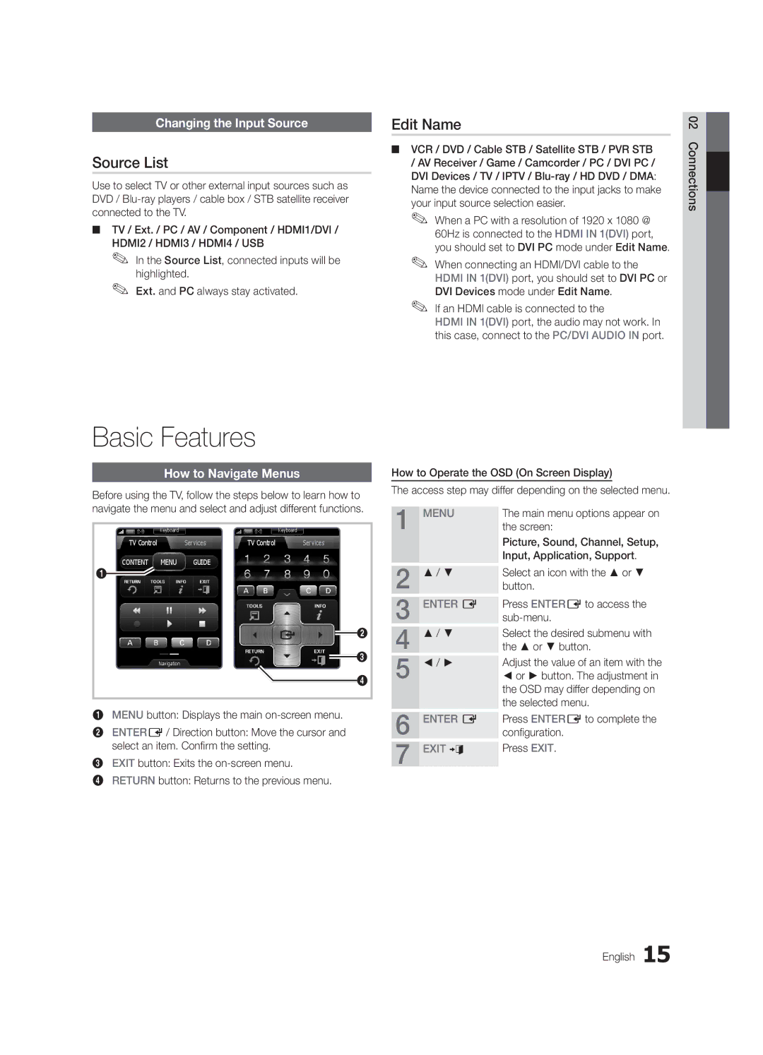 Samsung UE46C9000ZWXXH manual Basic Features, Source List, Edit Name, Changing the Input Source, How to Navigate Menus 