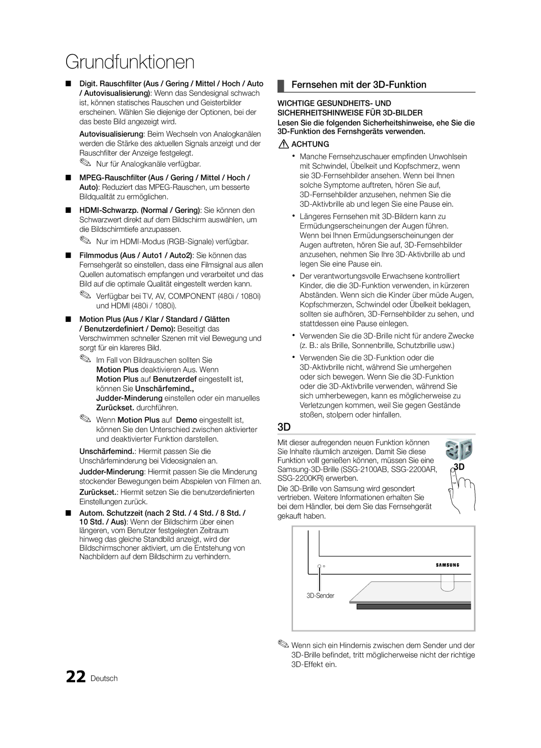 Samsung UE46C9000SWXZG, UE55C9000ZWXXC, UE46C9000ZWXXN, UE55C9000SWXXN manual Fernsehen mit der 3D-Funktion, 3D-Sender 