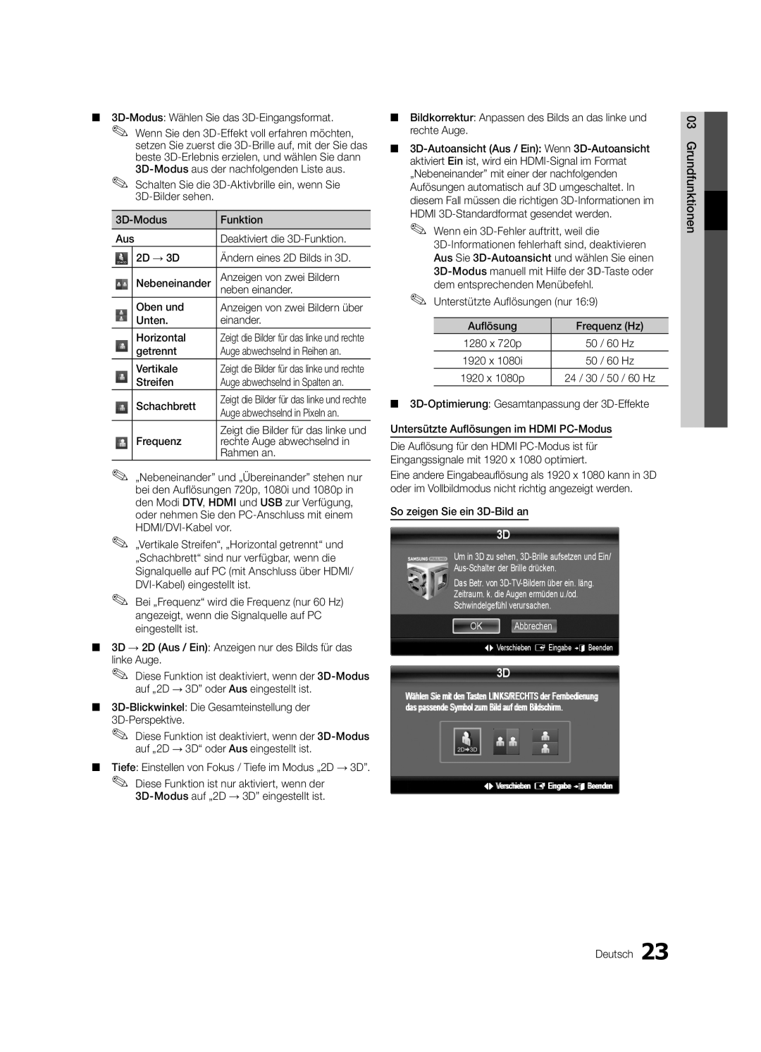 Samsung UE55C9000SWXZG 3D-Modus Wählen Sie das 3D-Eingangsformat, Unten Einander Horizontal, Getrennt, Vertikale, Streifen 