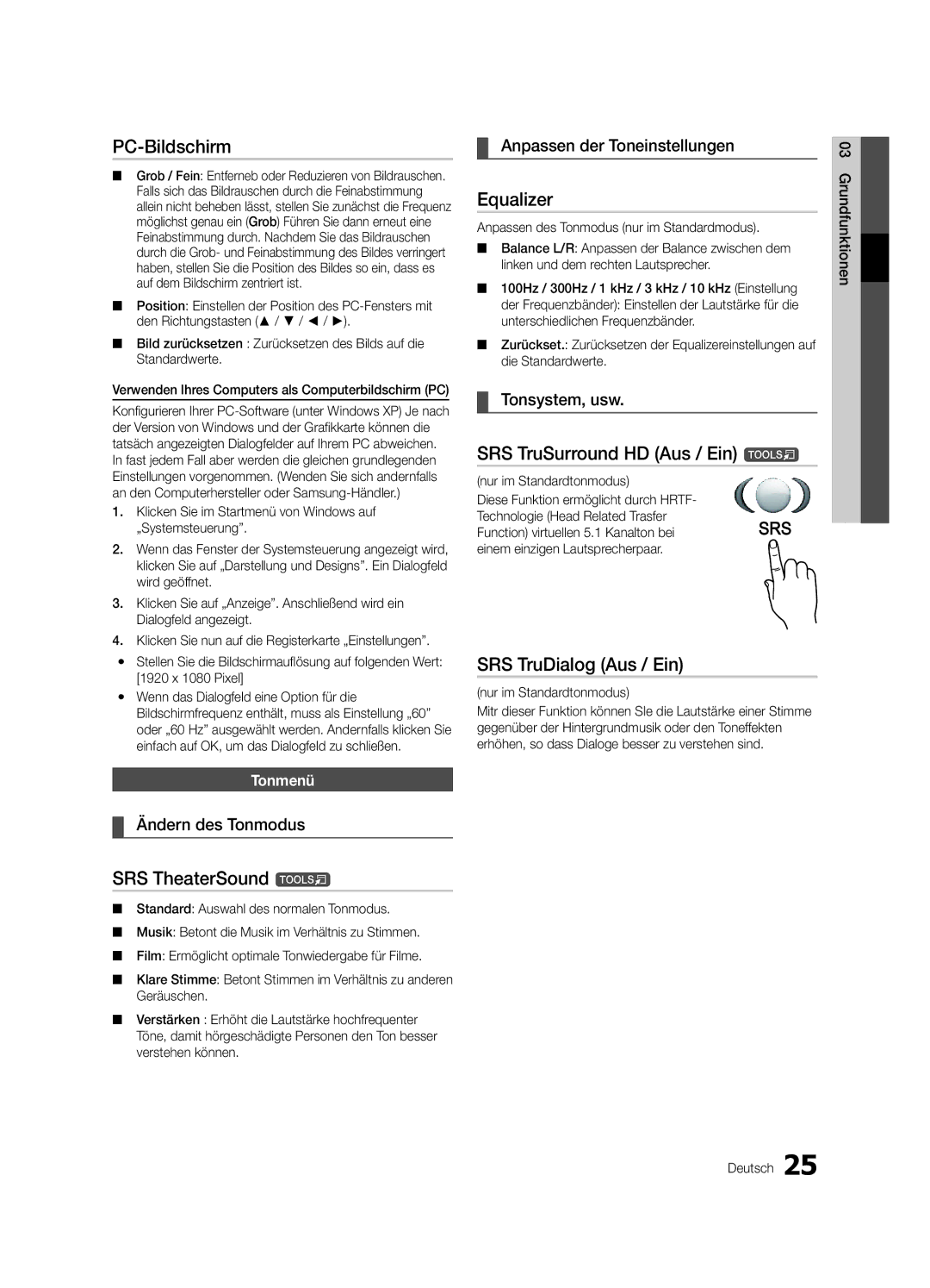 Samsung UE46C9000ZWXXN, UE55C9000ZWXXC manual PC-Bildschirm, SRS TruSurround HD Aus / Ein t, SRS TruDialog Aus / Ein 