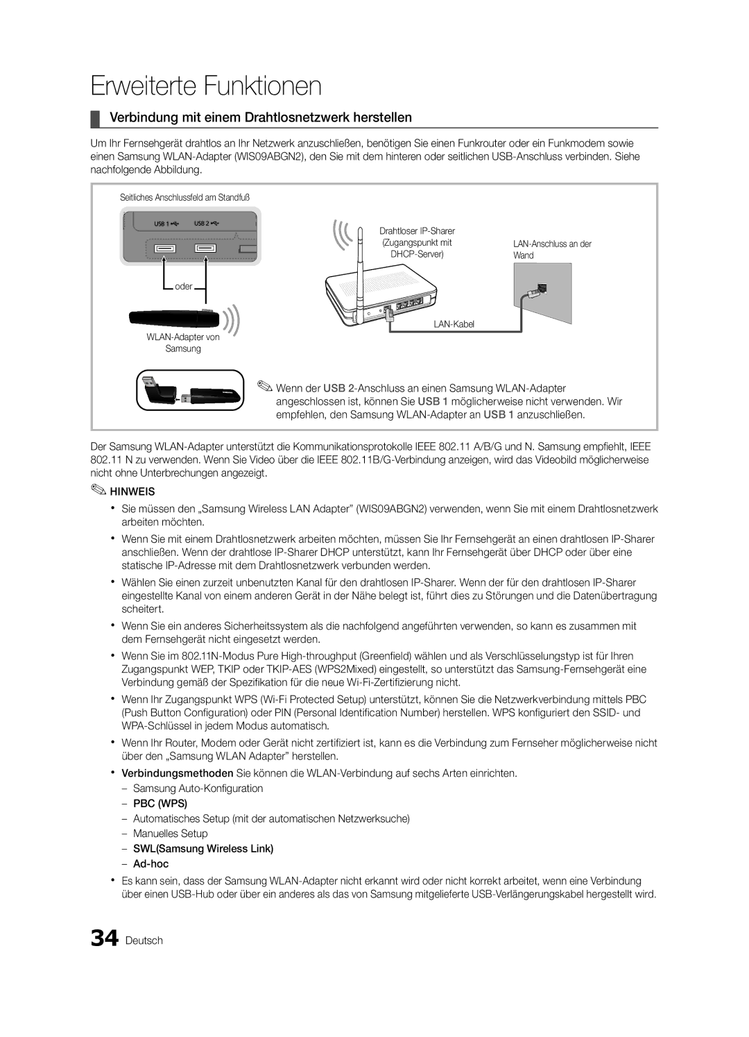 Samsung UE55C9000ZWXZF manual Verbindung mit einem Drahtlosnetzwerk herstellen, Seitliches Anschlussfeld am Standfuß, Wand 