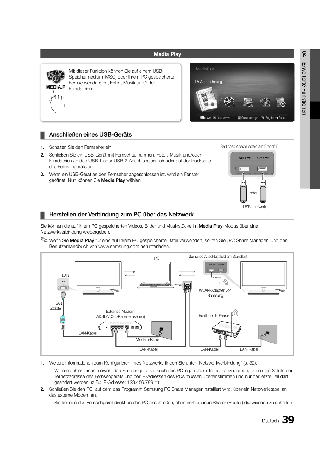 Samsung UE46C9000ZWXXH, UE55C9000ZWXXC Anschließen eines USB-Geräts, Herstellen der Verbindung zum PC über das Netzwerk 