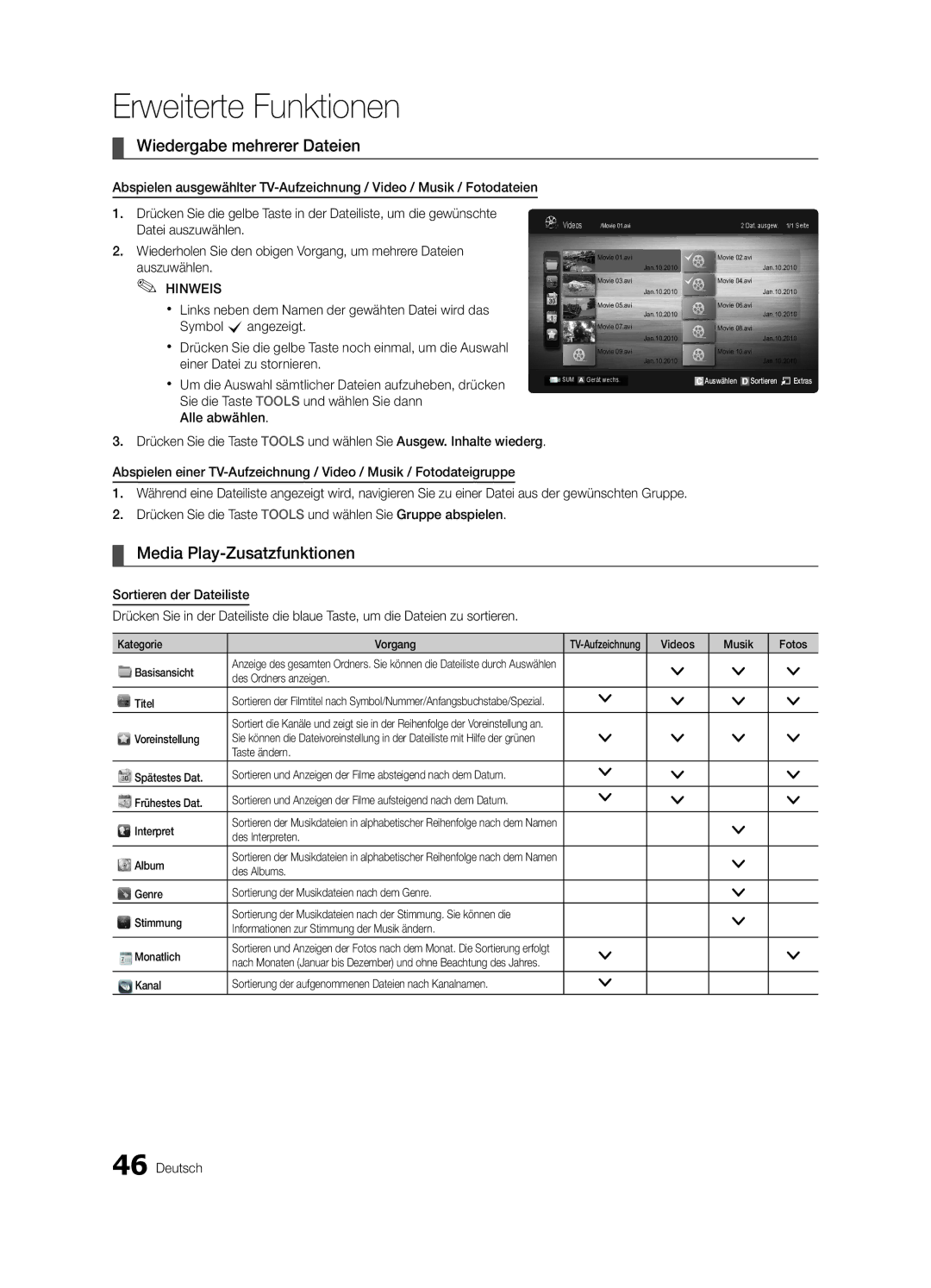 Samsung UE55C9000ZWXXN, UE55C9000ZWXXC, UE46C9000ZWXXN manual Wiedergabe mehrerer Dateien, Media Play-Zusatzfunktionen 