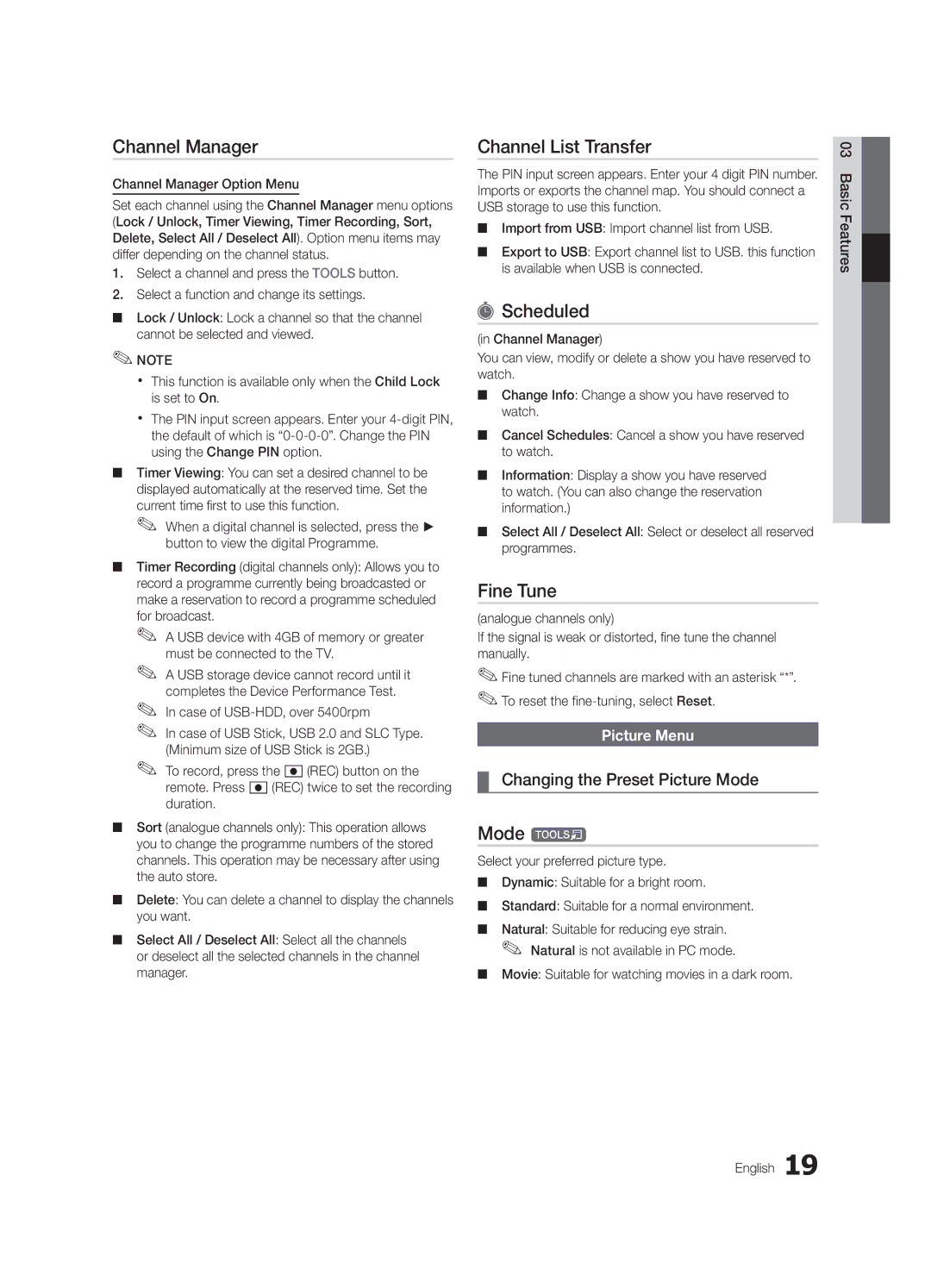 Samsung UE55C9000ZWXXC manual Channel List Transfer, Scheduled, Fine Tune, Mode t, Changing the Preset Picture Mode 