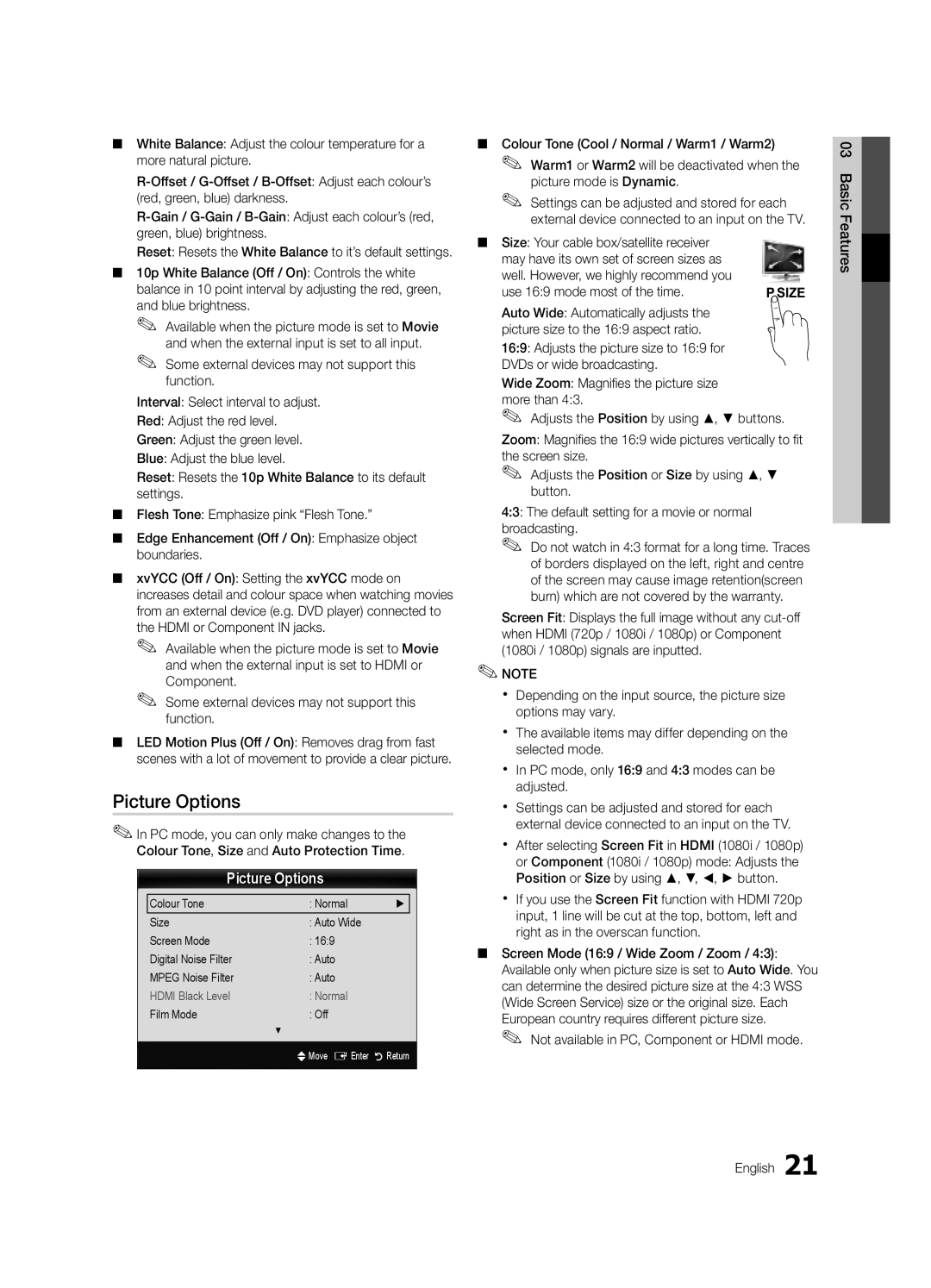 Samsung UE55C9000SWXXN, UE55C9000ZWXXC, UE46C9000ZWXXN, UE55C9000ZWXXN, UE55C9000ZWXTK manual Picture Options, Film Mode Off 