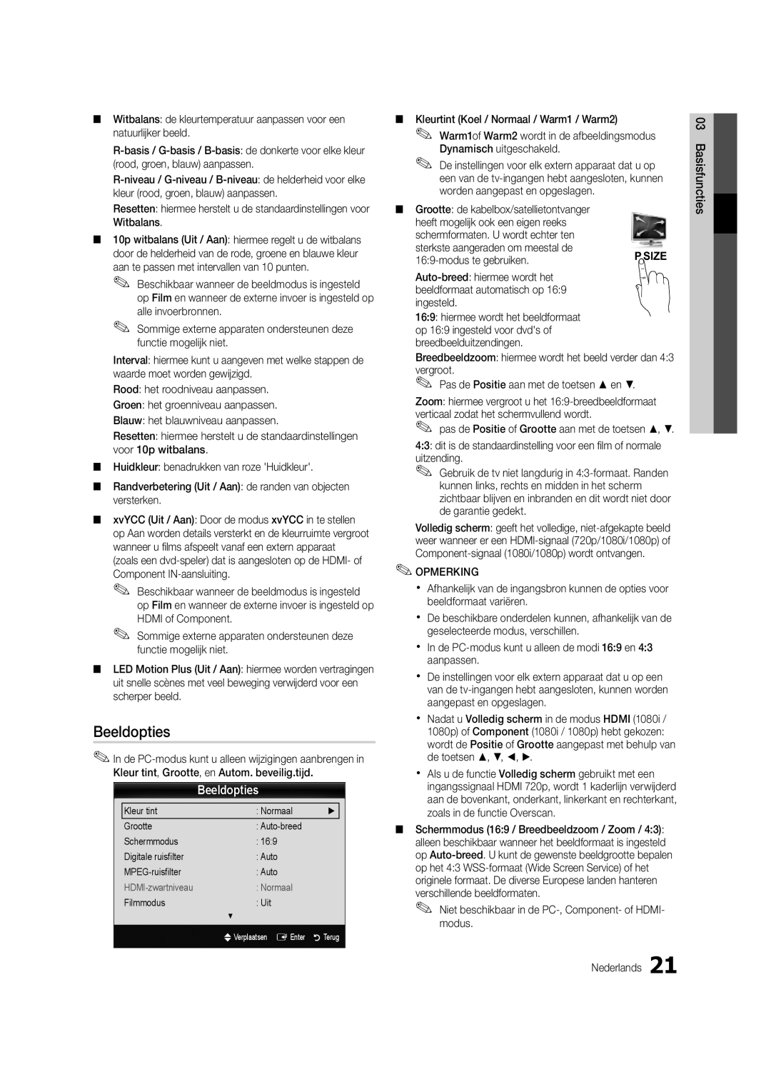 Samsung UE55C9000ZWXTK, UE55C9000ZWXXC manual Beeldopties, Kleurtint Koel / Normaal / Warm1 / Warm2, Modus te gebruiken 