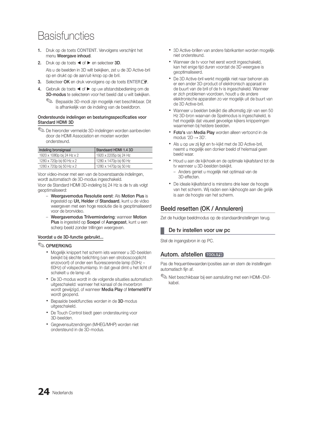 Samsung UE55C9000SWXZF, UE55C9000ZWXXC manual Beeld resetten OK / Annuleren, Autom. afstellen t, De tv instellen voor uw pc 