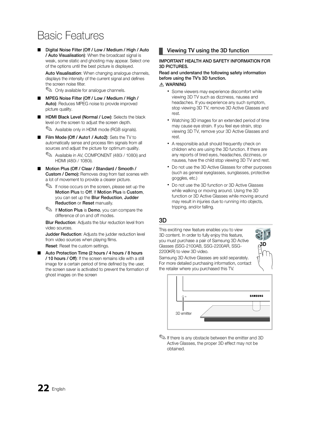 Samsung UE55C9000ZWXXN manual Viewing TV using the 3D function, Digital Noise Filter Off / Low / Medium / High / Auto 