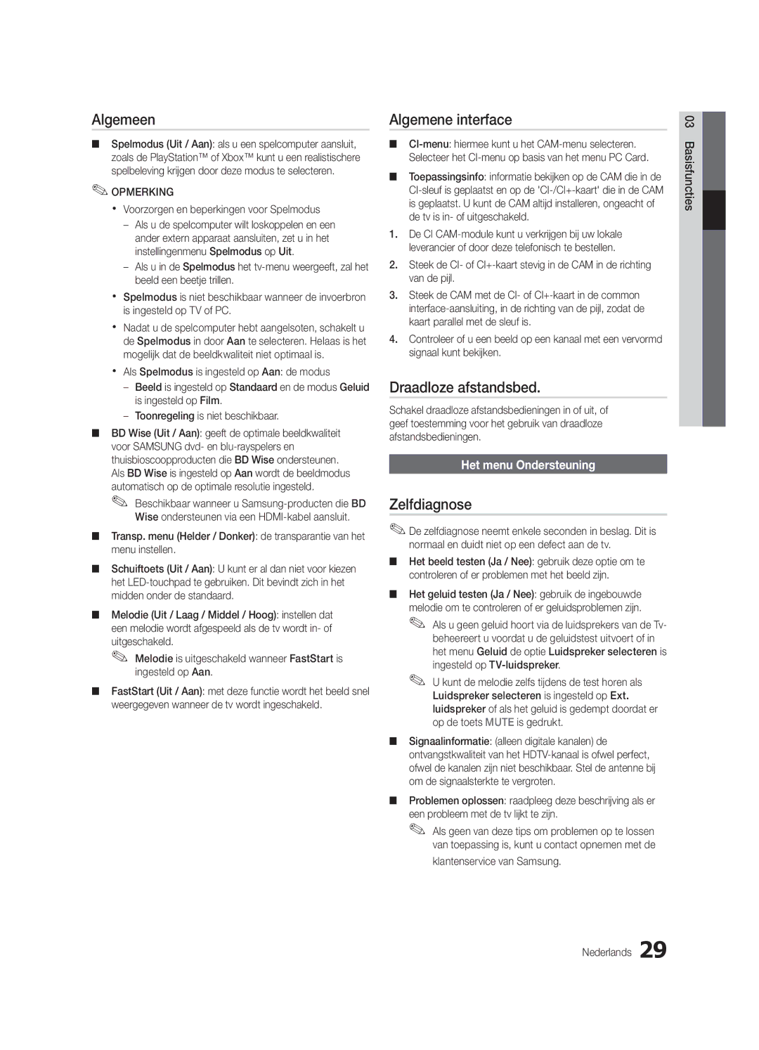 Samsung UE55C9000SWXXH manual Algemeen, Algemene interface, Draadloze afstandsbed, Zelfdiagnose, Het menu Ondersteuning 