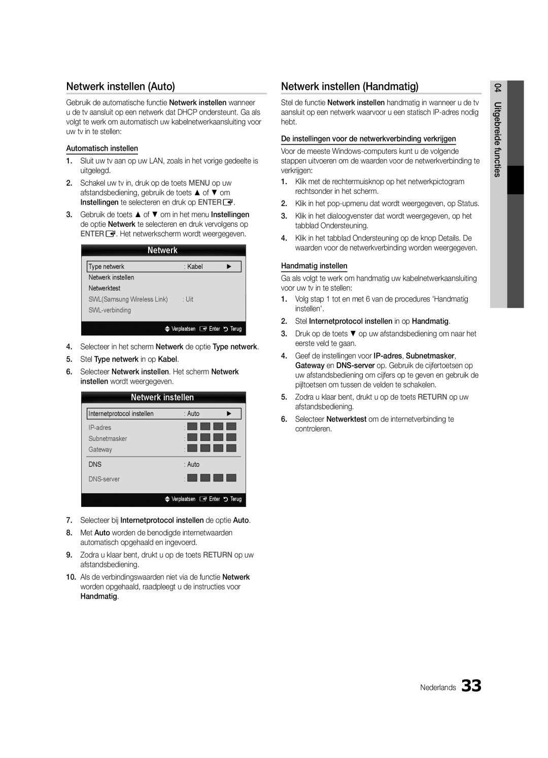 Samsung UE40C9000SWXZG, UE55C9000ZWXXC, UE46C9000ZWXXN, UE55C9000SWXXN Netwerk instellen Auto, Netwerk instellen Handmatig 