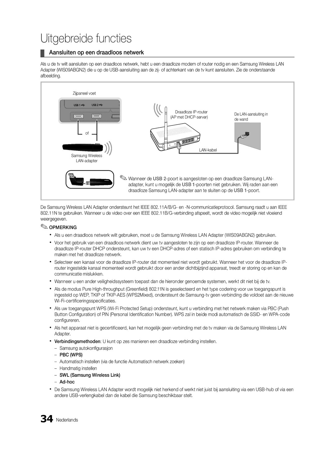 Samsung UE46C9000SWXZG manual Aansluiten op een draadloos netwerk, Zijpaneel voet Draadloze IP-router, AP met DHCP-server 