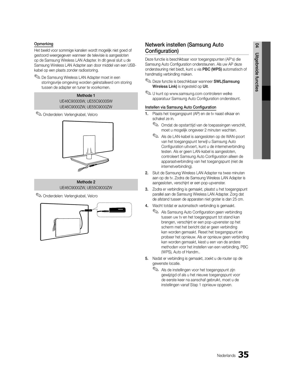 Samsung UE55C9000SWXZG Netwerk instellen Samsung Auto Configuration, Gewenste locatie, Functies04 Uitgebreide Nederlands 