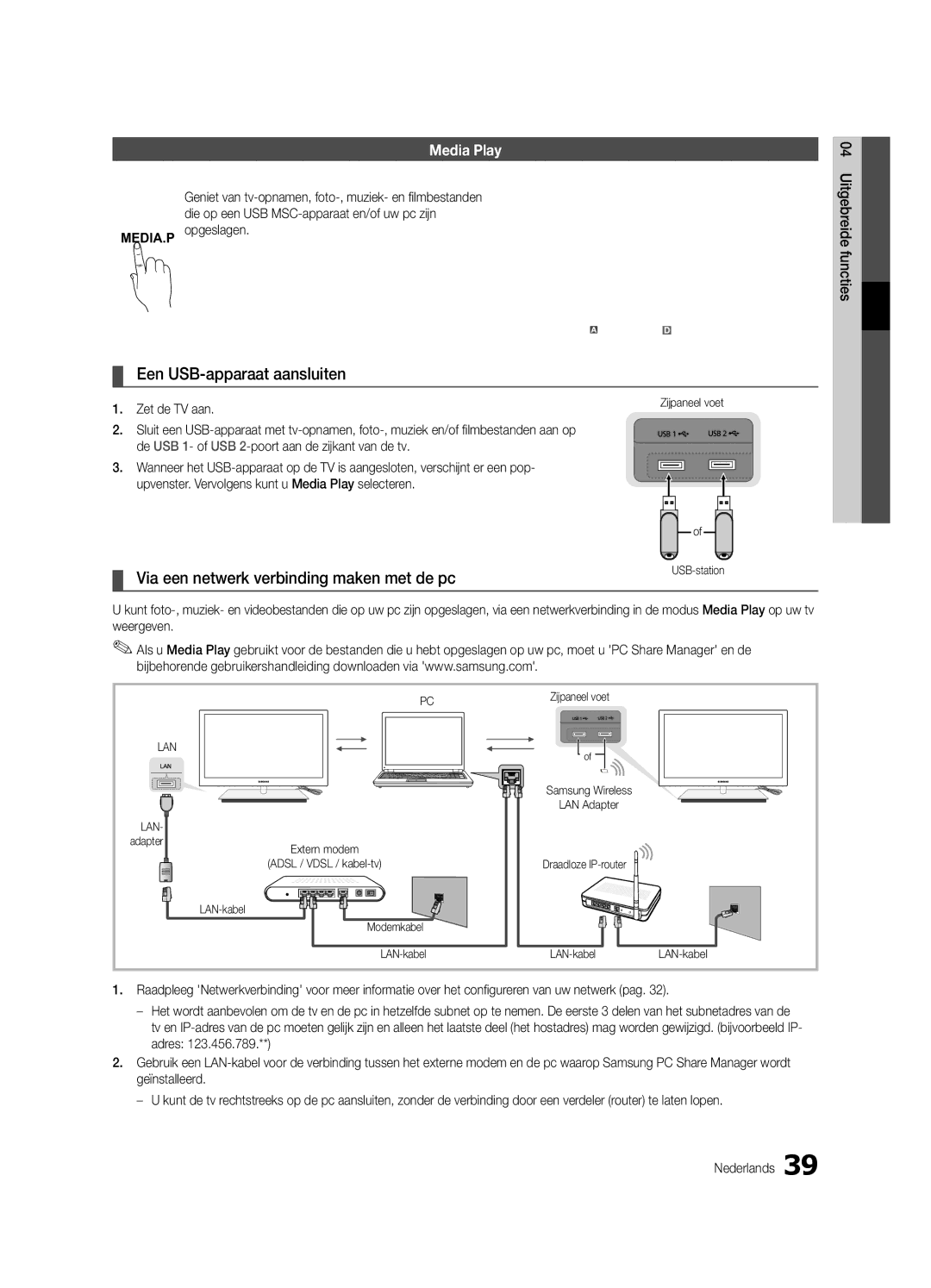 Samsung UE55C9000ZWXXN manual Een USB-apparaat aansluiten, Via een netwerk verbinding maken met de pc, Zet de TV aan 