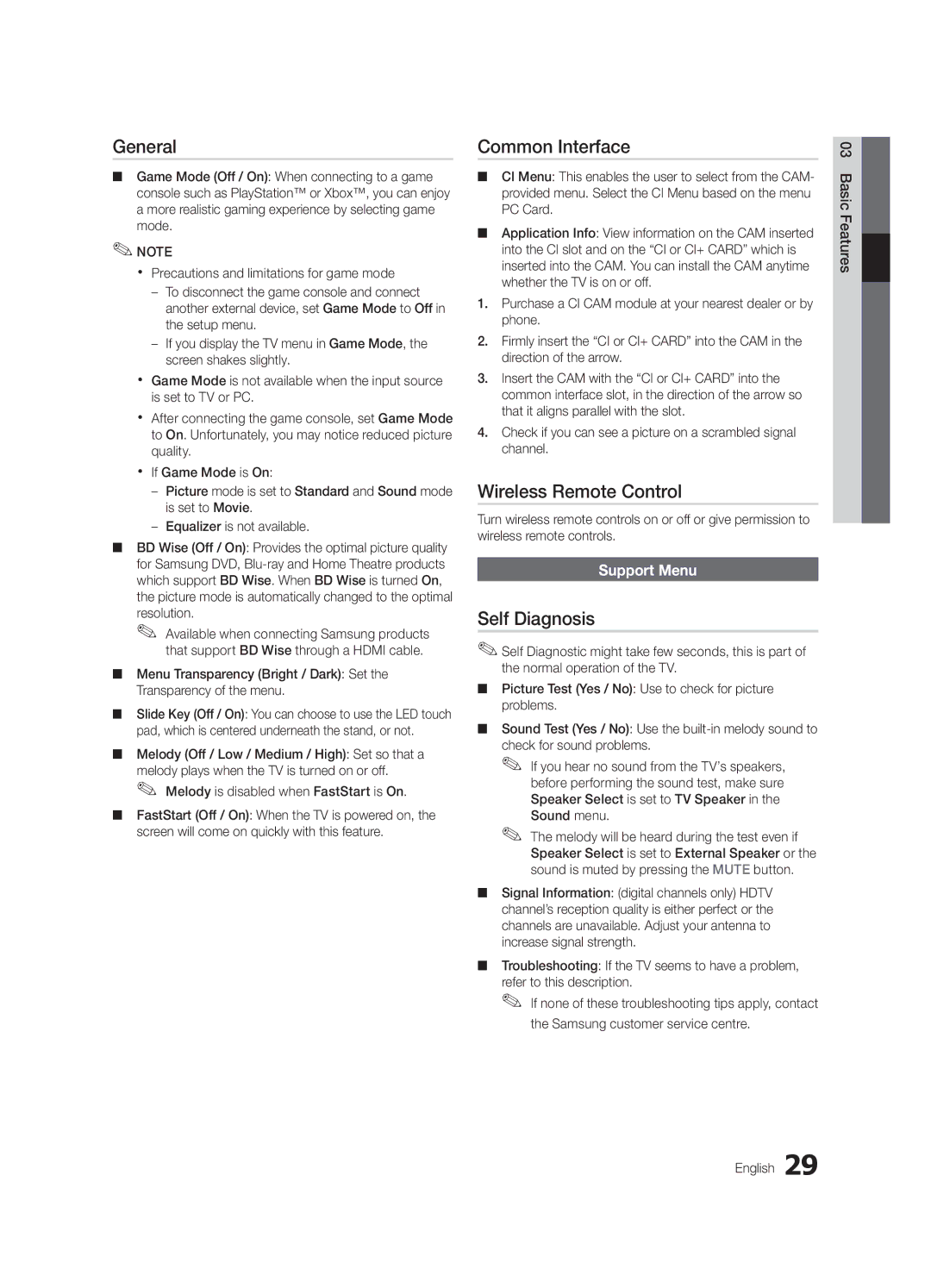 Samsung UE55C9000ZWXZF, UE55C9000ZWXXC General, Common Interface, Wireless Remote Control, Self Diagnosis, Support Menu 