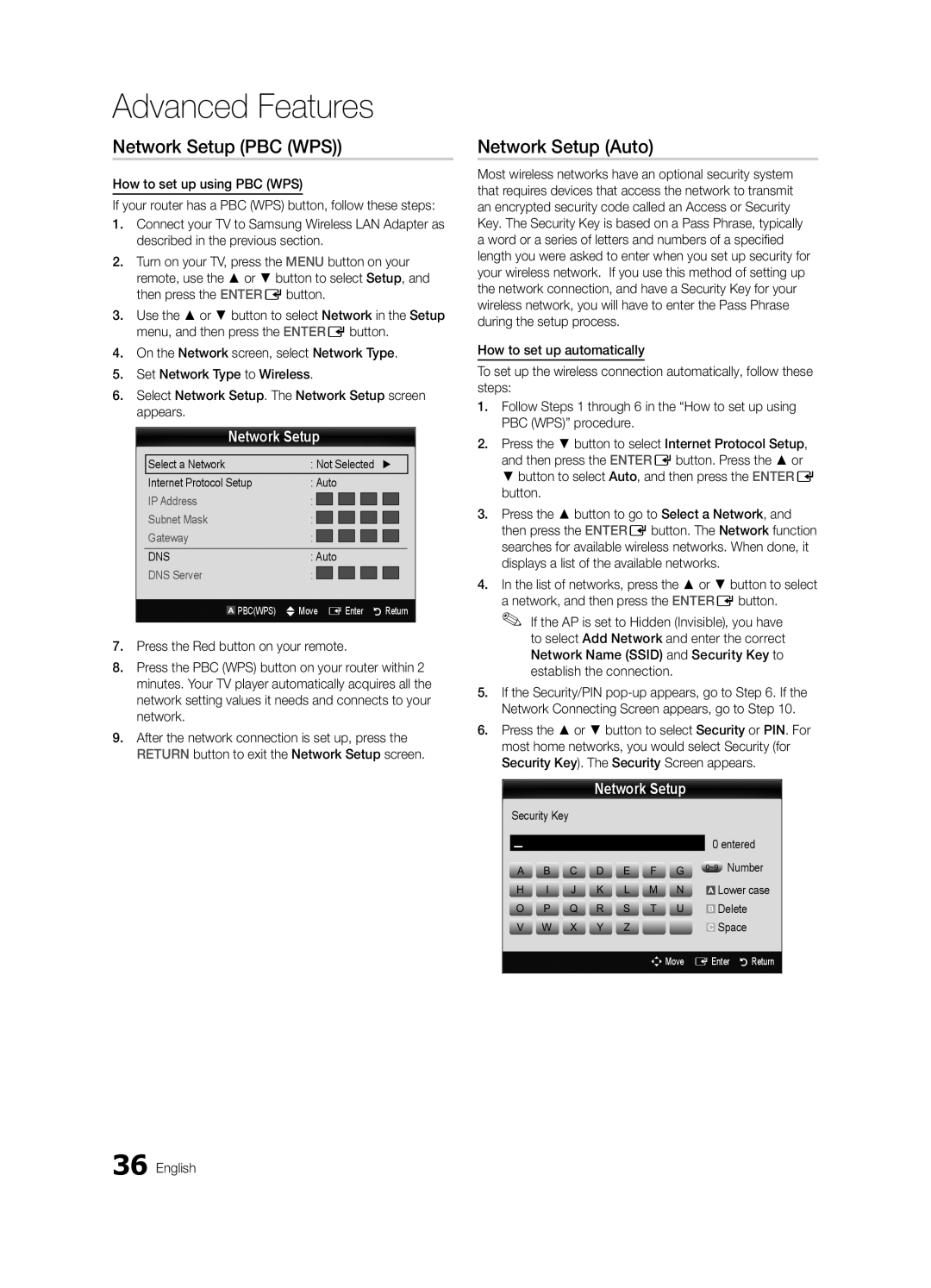 Samsung UE46C9000SWXZG, UE55C9000ZWXXC, UE46C9000ZWXXN manual Network Setup PBC WPS, Security Key Entered ~9 Number, Delete 