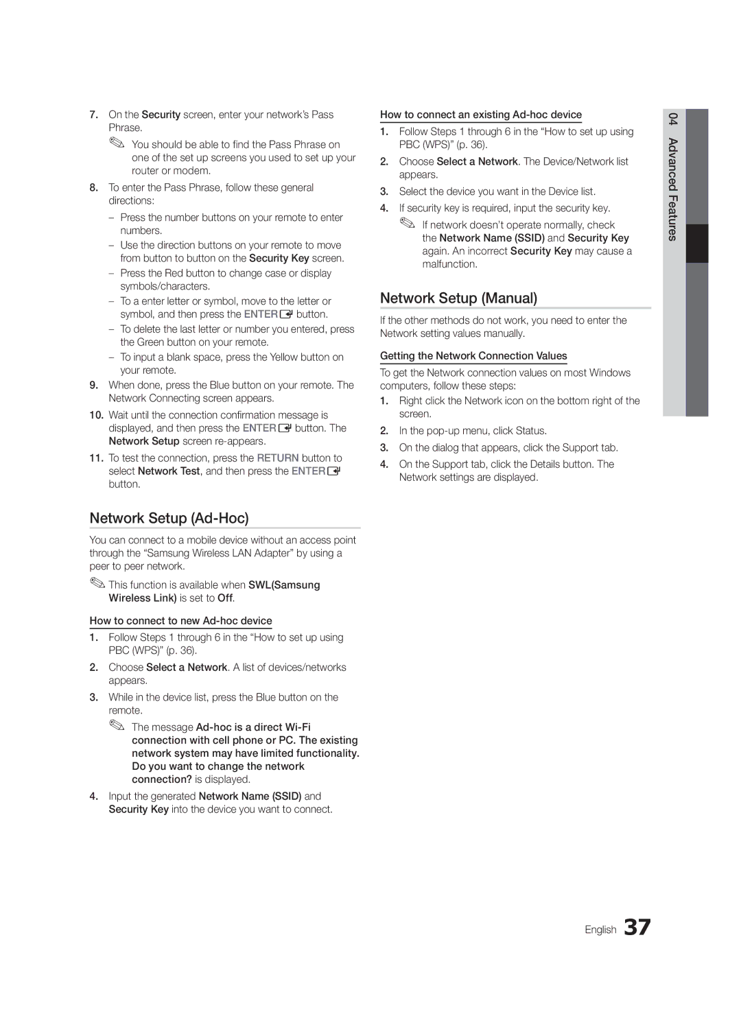 Samsung UE55C9000SWXZG, UE55C9000ZWXXC, UE46C9000ZWXXN, UE55C9000SWXXN manual Network Setup Ad-Hoc, Network Setup Manual 