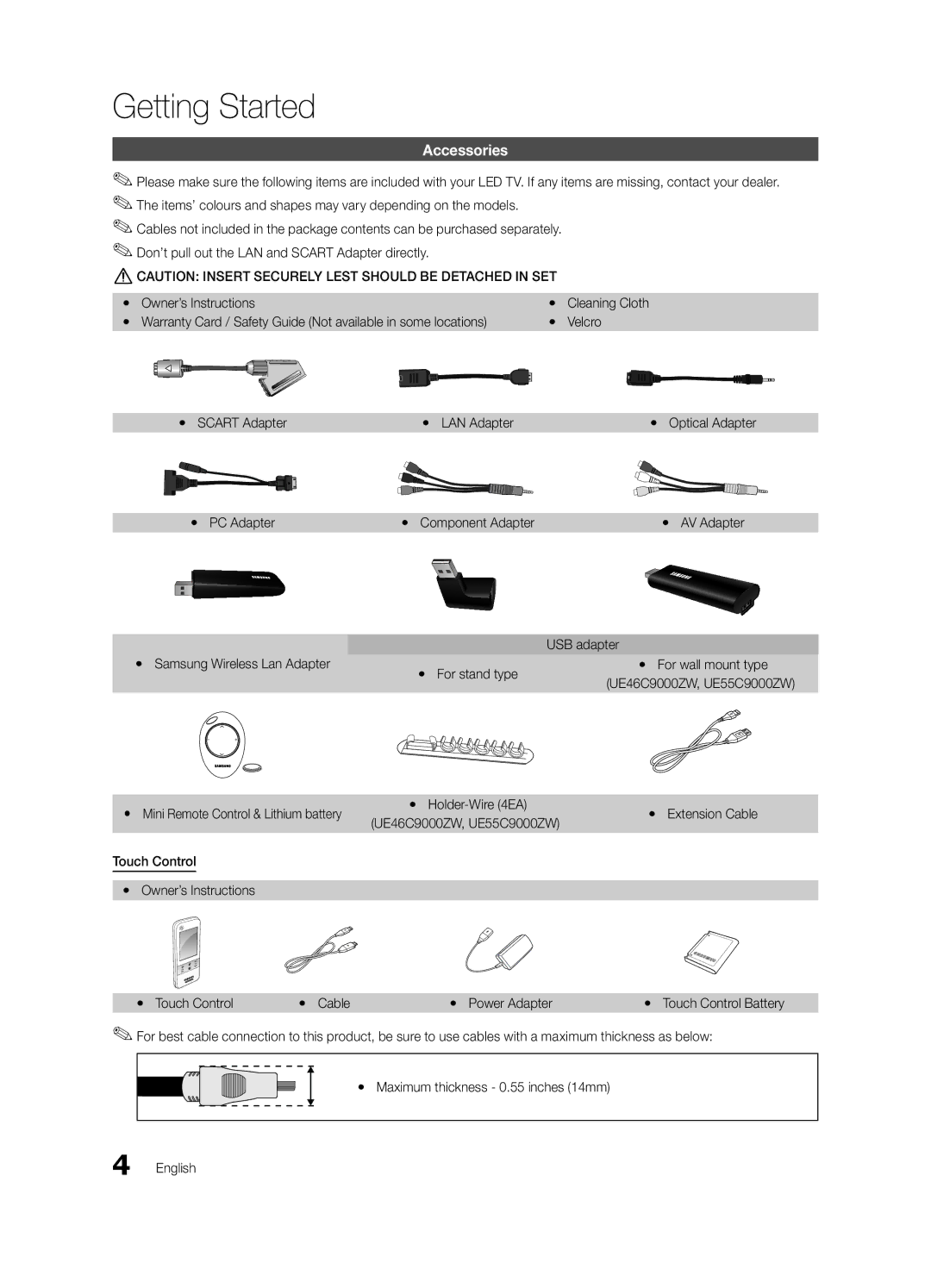 Samsung UE55C9000ZWXTK manual Getting Started, Accessories, Yy PC Adapter, Holder-Wire 4EA, UE46C9000ZW, UE55C9000ZW 