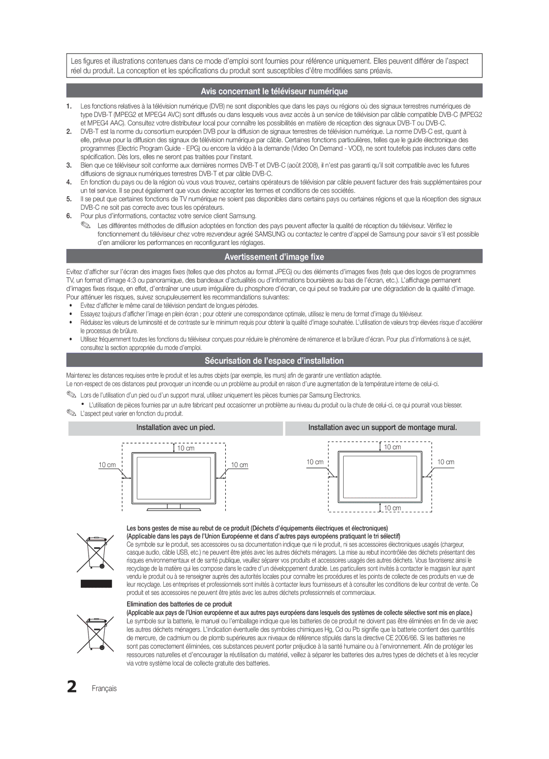 Samsung UE46C9000ZWXZF manual Sécurisation de l’espace d’installation, Français, Elimination des batteries de ce produit 