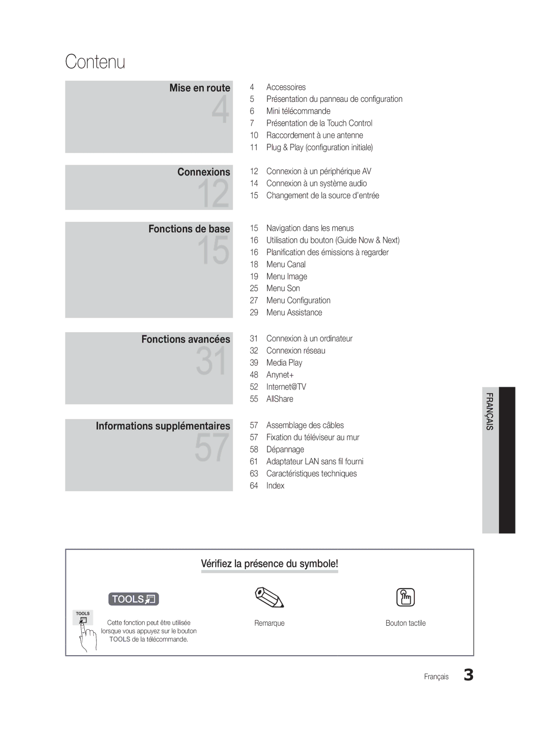 Samsung UE55C9000ZWXZF, UE55C9000ZWXXC, UE46C9000ZWXXN, UE55C9000SWXXN Contenu, Vérifiez la présence du symbole, Remarque 