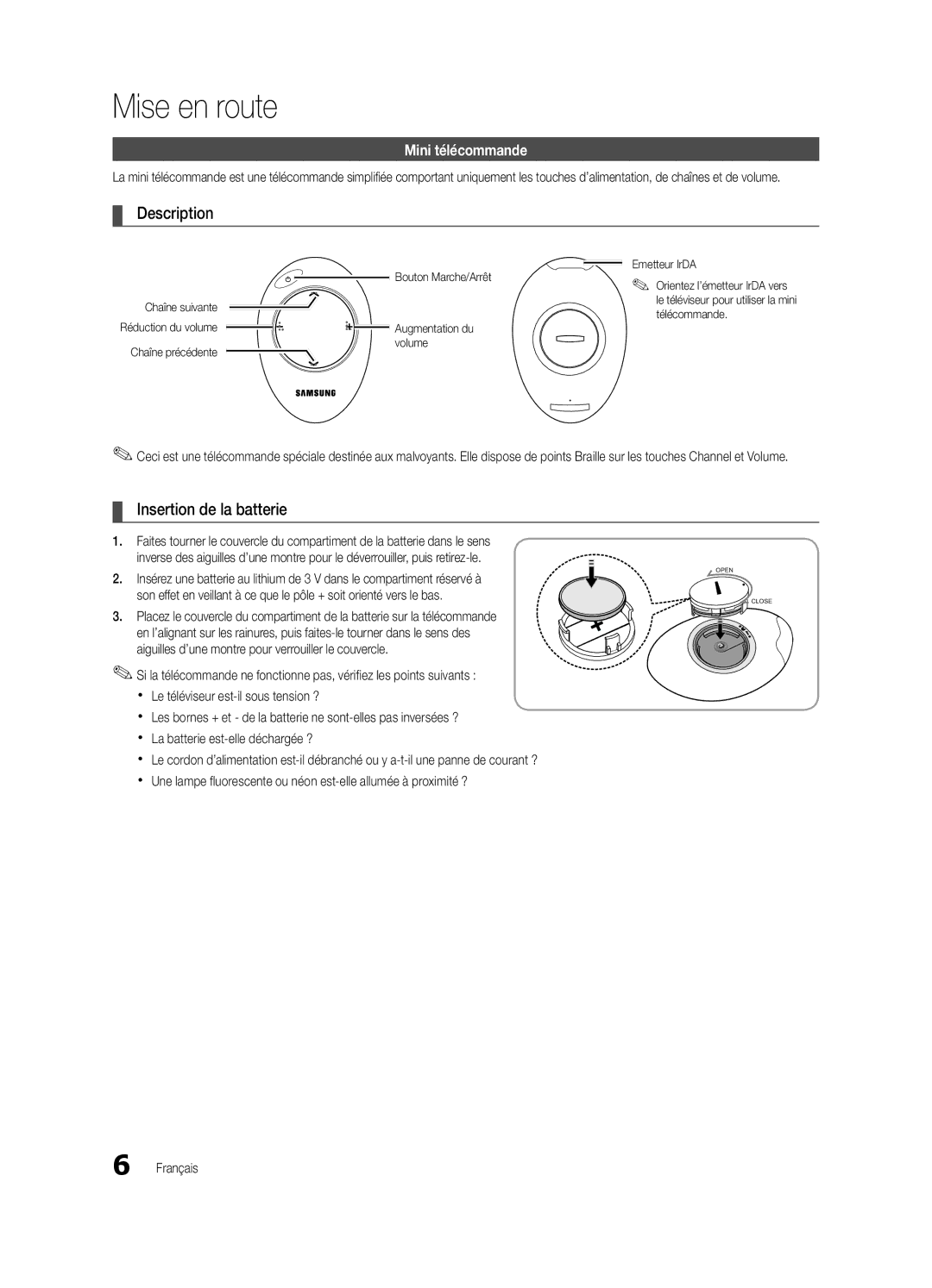 Samsung UE40C9000SWXXH, UE55C9000ZWXXC, UE46C9000ZWXXN, UE55C9000SWXXN manual Insertion de la batterie, Mini télécommande 