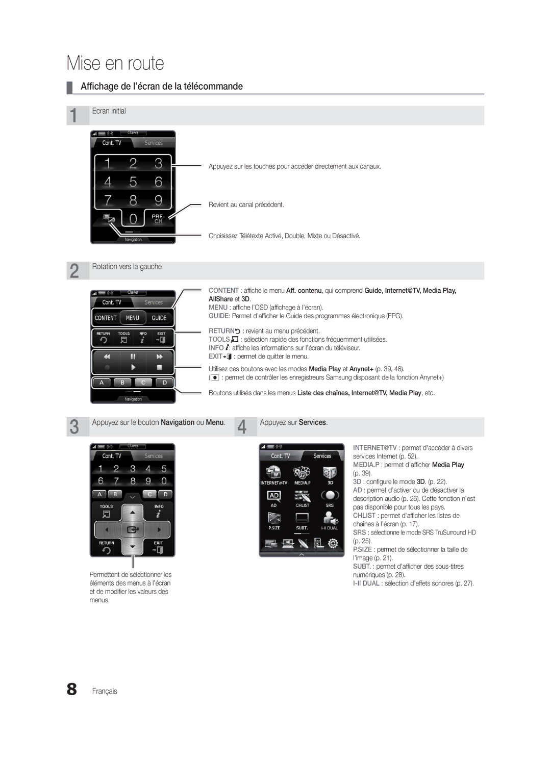 Samsung UE46C9000ZWXXH, UE55C9000ZWXXC, UE46C9000ZWXXN, UE55C9000SWXXN manual Affichage de l’écran de la télécommande 