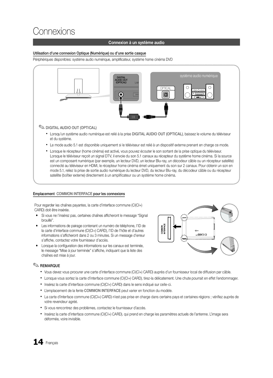 Samsung UE55C9000SWXXN, UE55C9000ZWXXC, UE46C9000ZWXXN, UE55C9000ZWXXN, UE55C9000ZWXTK Connexion à un système audio, Remarque 