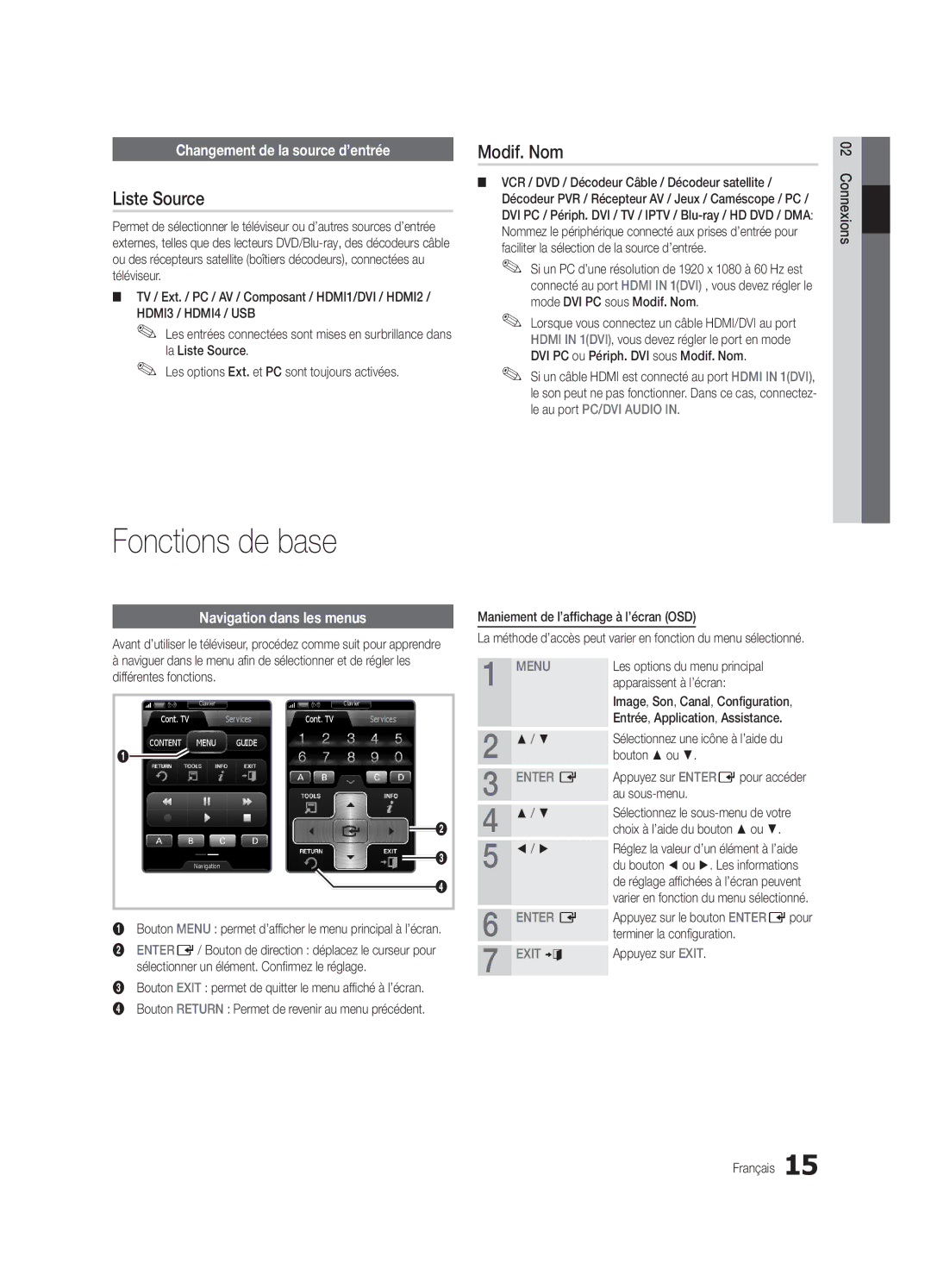 Samsung UE55C9000ZWXXN, UE55C9000ZWXXC manual Fonctions de base, Liste Source, Modif. Nom, Changement de la source d’entrée 