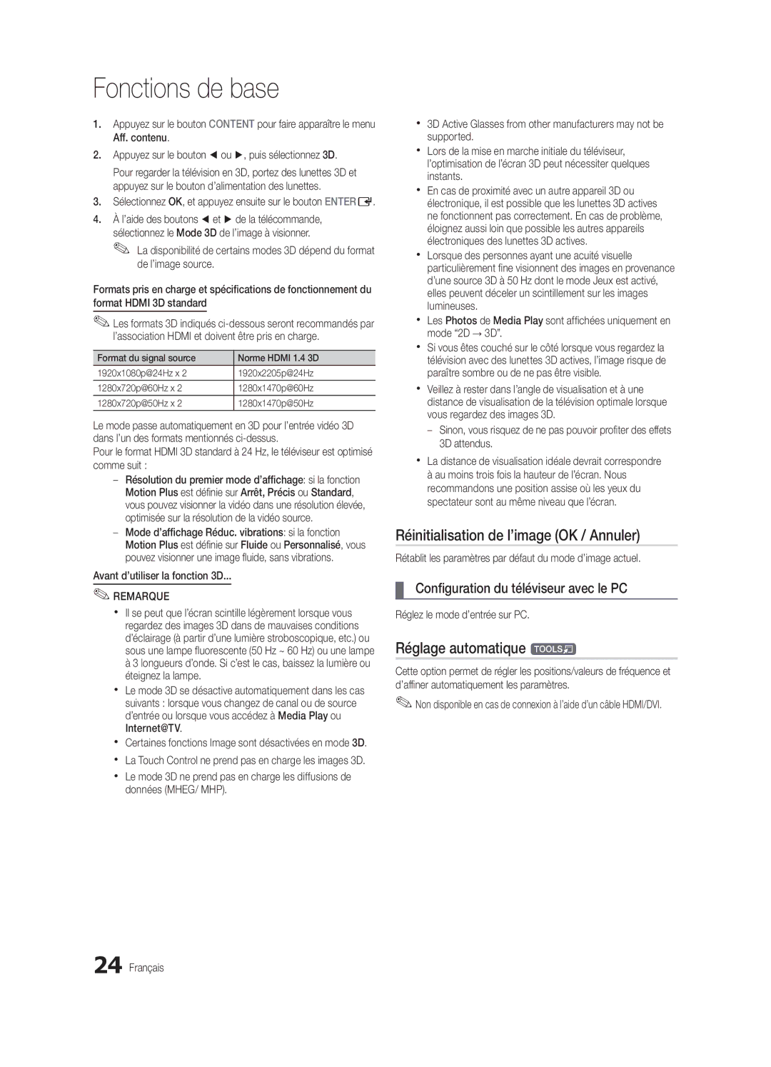 Samsung UE55C9000SWXXH, UE55C9000ZWXXC, UE46C9000ZWXXN manual Réinitialisation de l’image OK / Annuler, Réglage automatique t 