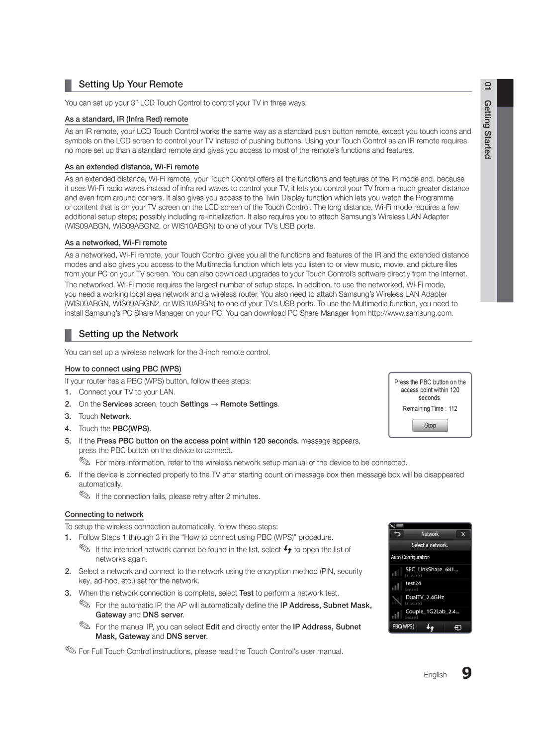 Samsung UE46C9000ZWXZF manual Setting Up Your Remote, Setting up the Network, As an extended distance, Wi-Fi remote 