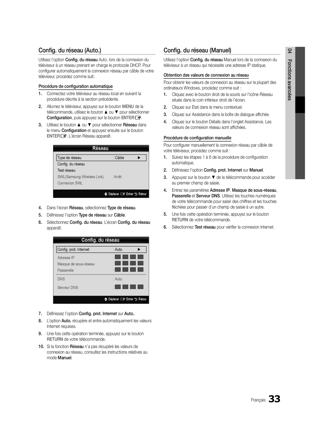 Samsung UE55C9000SWXXN, UE55C9000ZWXXC, UE46C9000ZWXXN manual Config. du réseau Auto, Config. du réseau Manuel, Réseau 