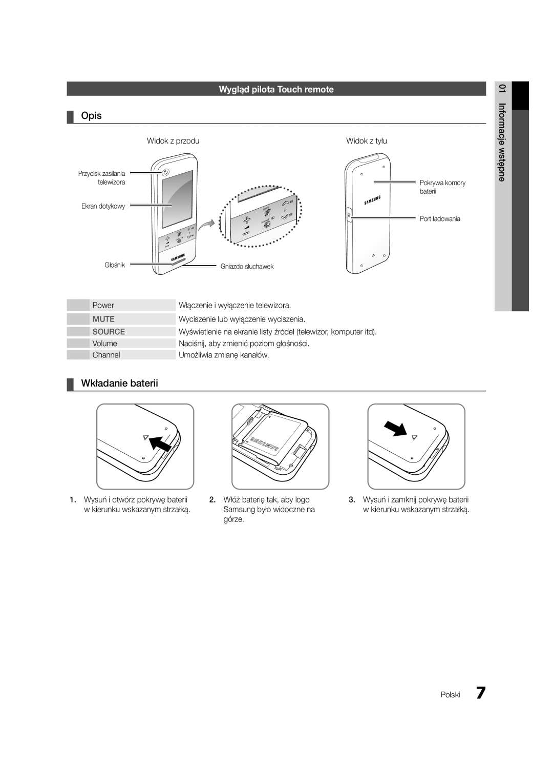 Samsung UE55C9000ZWXXH, UE55C9000ZWXXC, UE55C9000SWXXN, UE46C9000ZWXXC, UE55C9000SWXZF manual Wygląd pilota Touch remote 