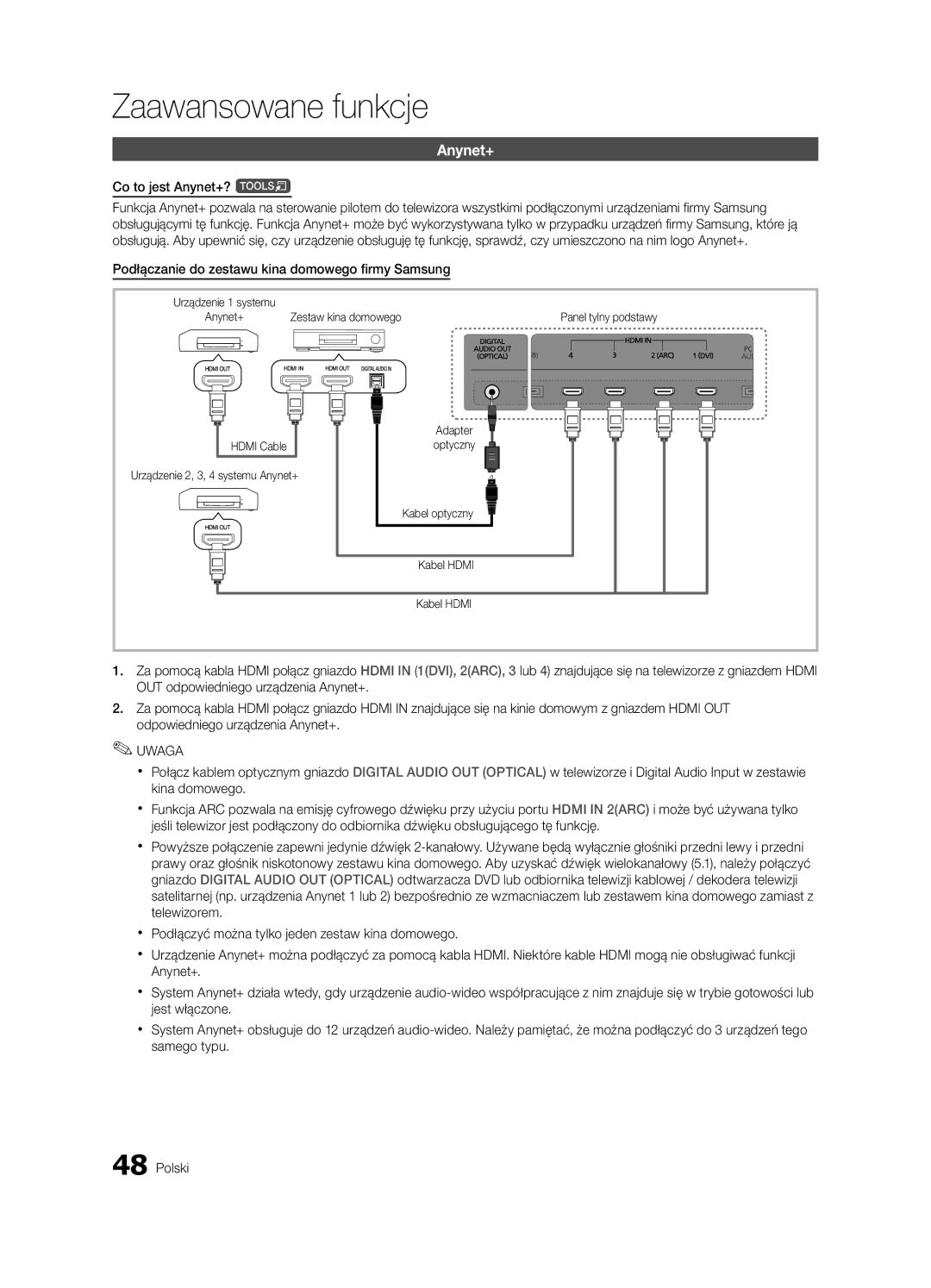 Samsung UE40C9000SWXXH, UE55C9000ZWXXC manual Co to jest Anynet+? t, Podłączanie do zestawu kina domowego firmy Samsung 