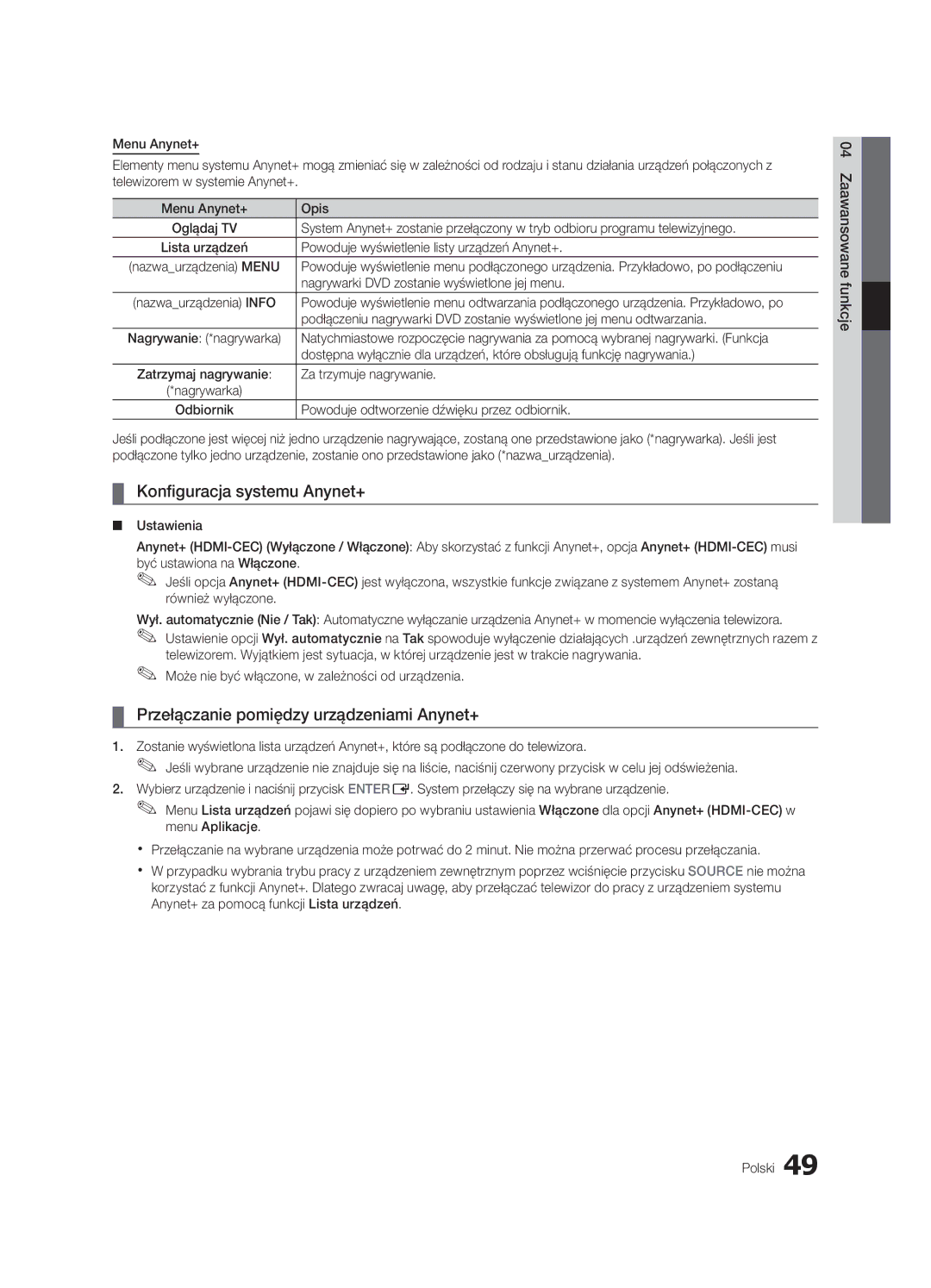 Samsung UE55C9000ZWXXH, UE55C9000ZWXXC manual Konfiguracja systemu Anynet+, Przełączanie pomiędzy urządzeniami Anynet+ 