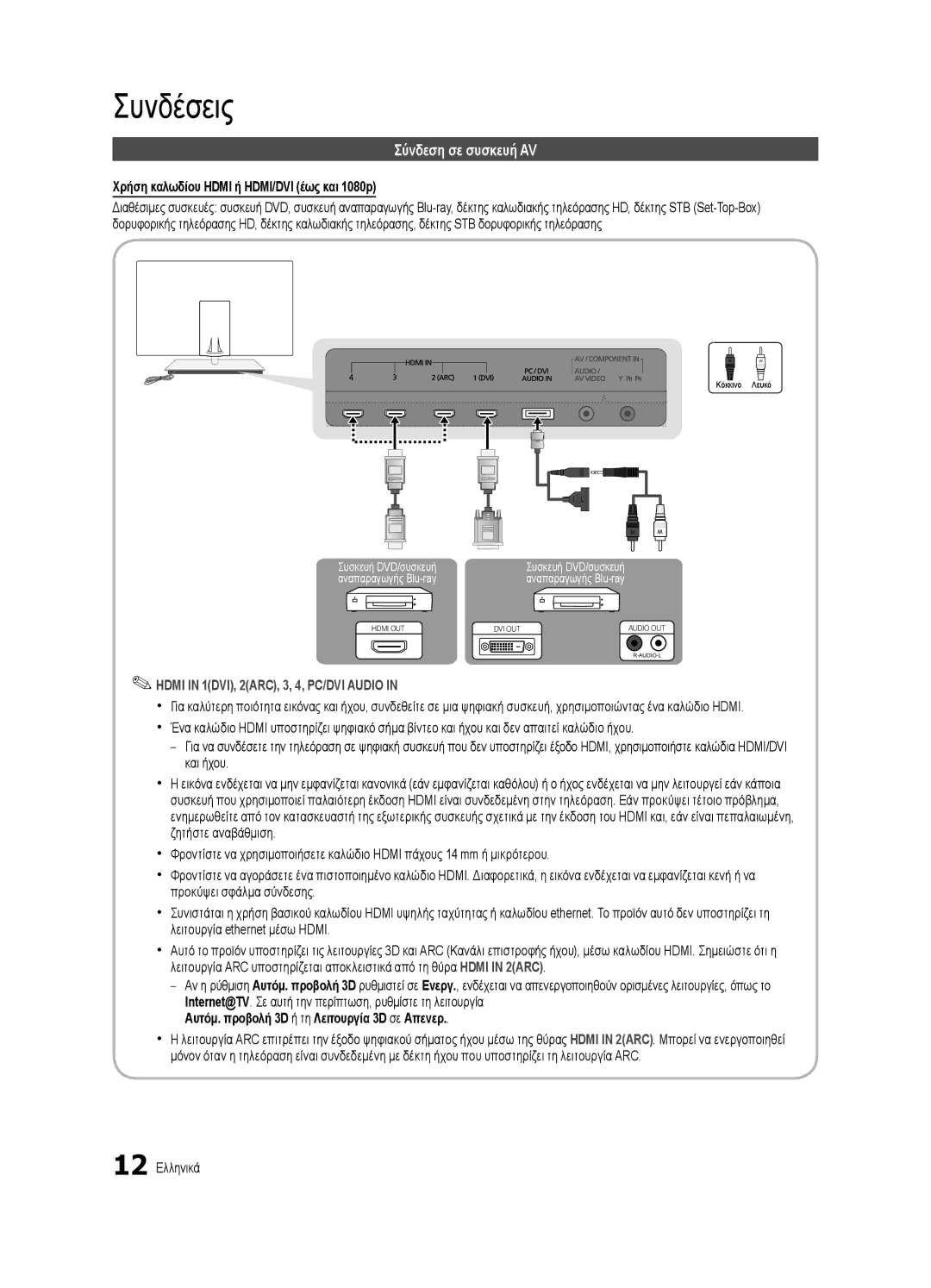 Samsung UE40C9000SWXXH manual Συνδέσεις, Σύνδεση σε συσκευή AV, Χρήση καλωδίου Hdmi ή HDMI/DVI έως και 1080p, 12 Ελληνικά 